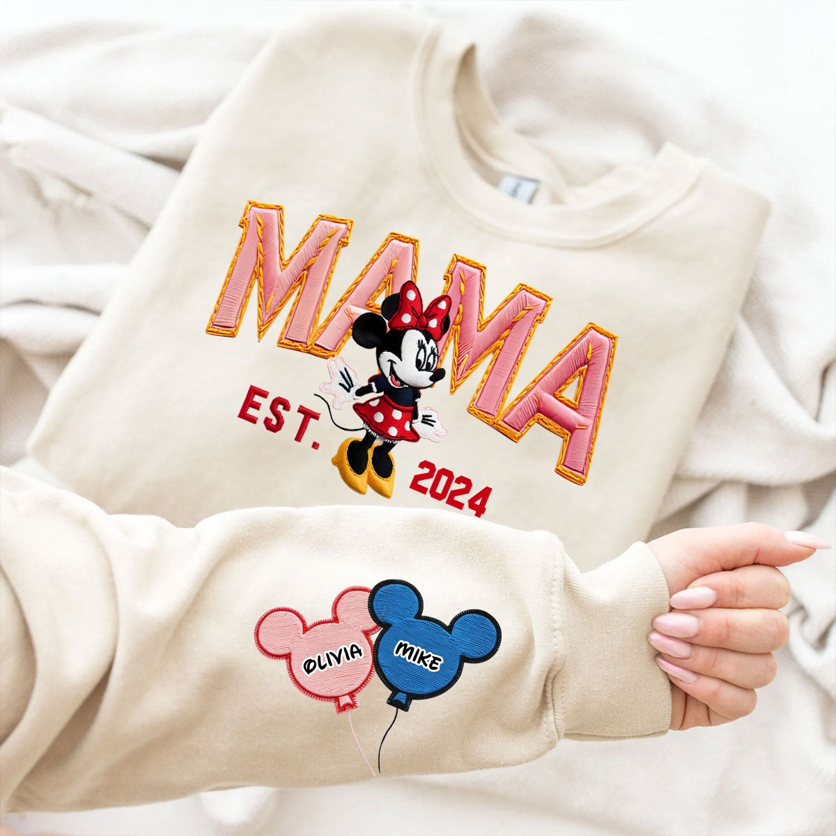 Premium DSN Personalized Mama Sweatshirt with Cute Cartoon Character – Custom Kids Name Balloons – Mother’s Day Gift, Mom Est. 2024 2025 2026 Sweater