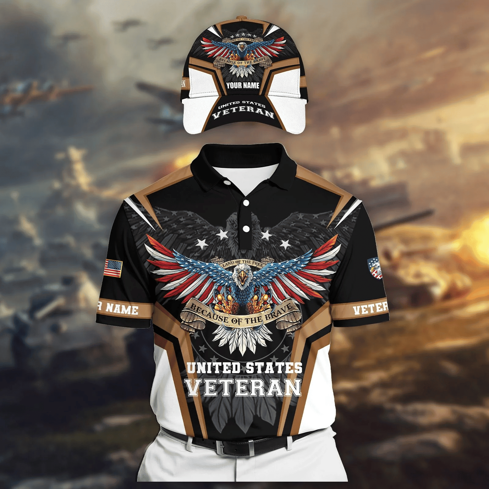 Land Of The Free - Because Of The Brave Veteran Personalised Cap 3D