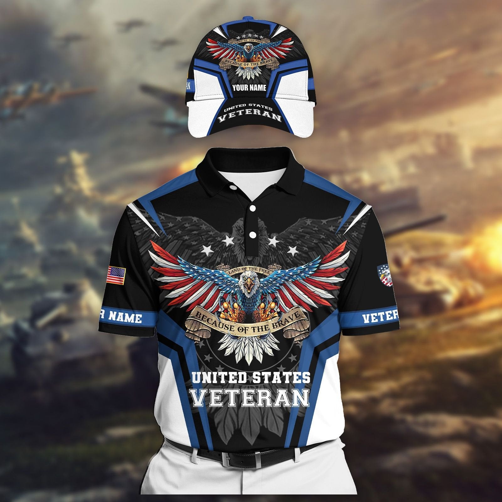Land Of The Free - Because Of The Brave Veteran Personalised Cap 3D