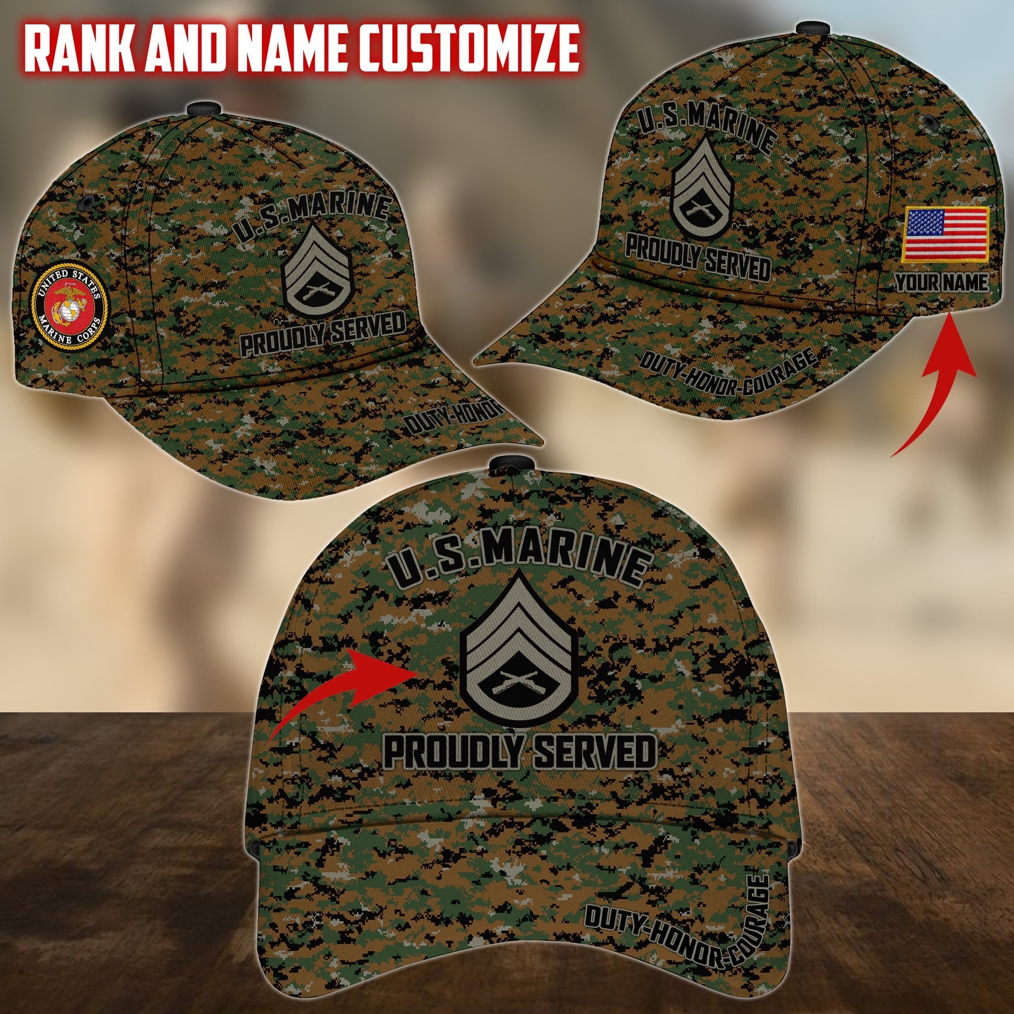 Personalized Name US Military Services Veteran Cap PVC191001