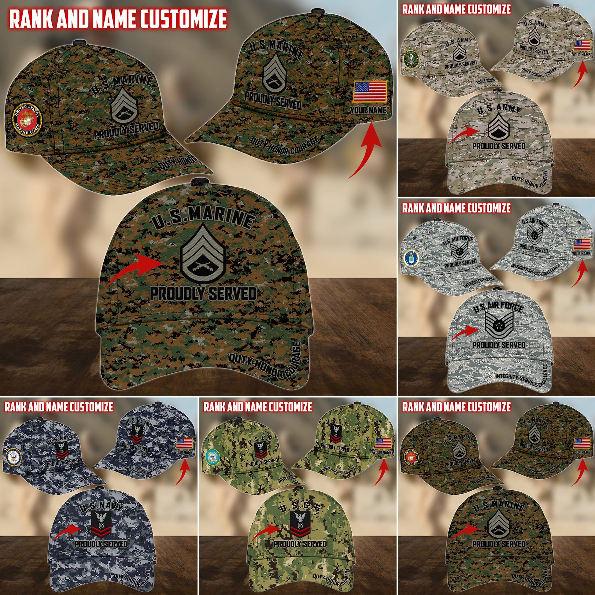 Personalized Name US Military Services Veteran Cap PVC191001