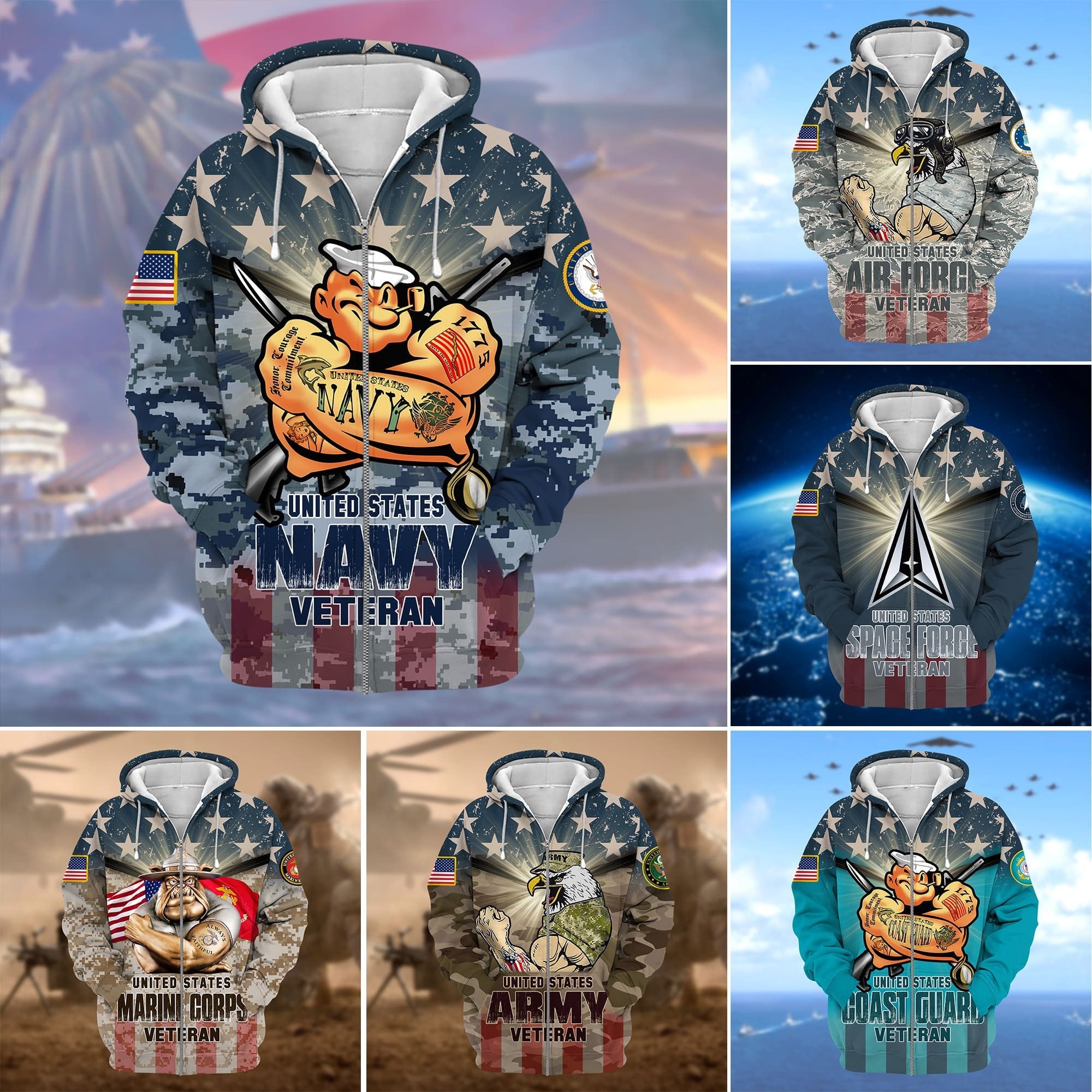 Premium Multiple US Military Services Veteran Zip Hoodie PVC261101