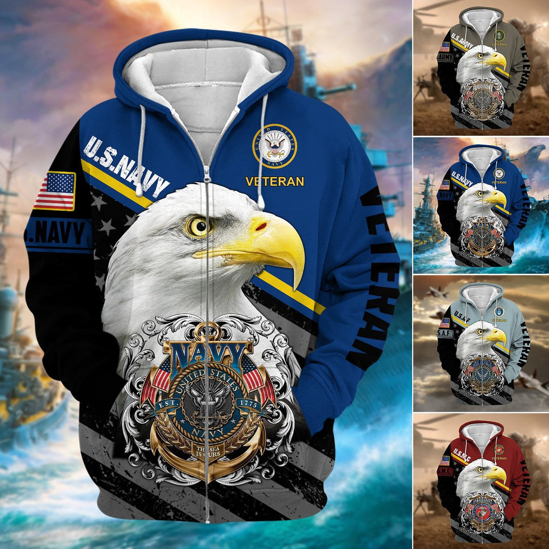 Premium Multiple US Military Services Veteran Zip Hoodie PVC291101