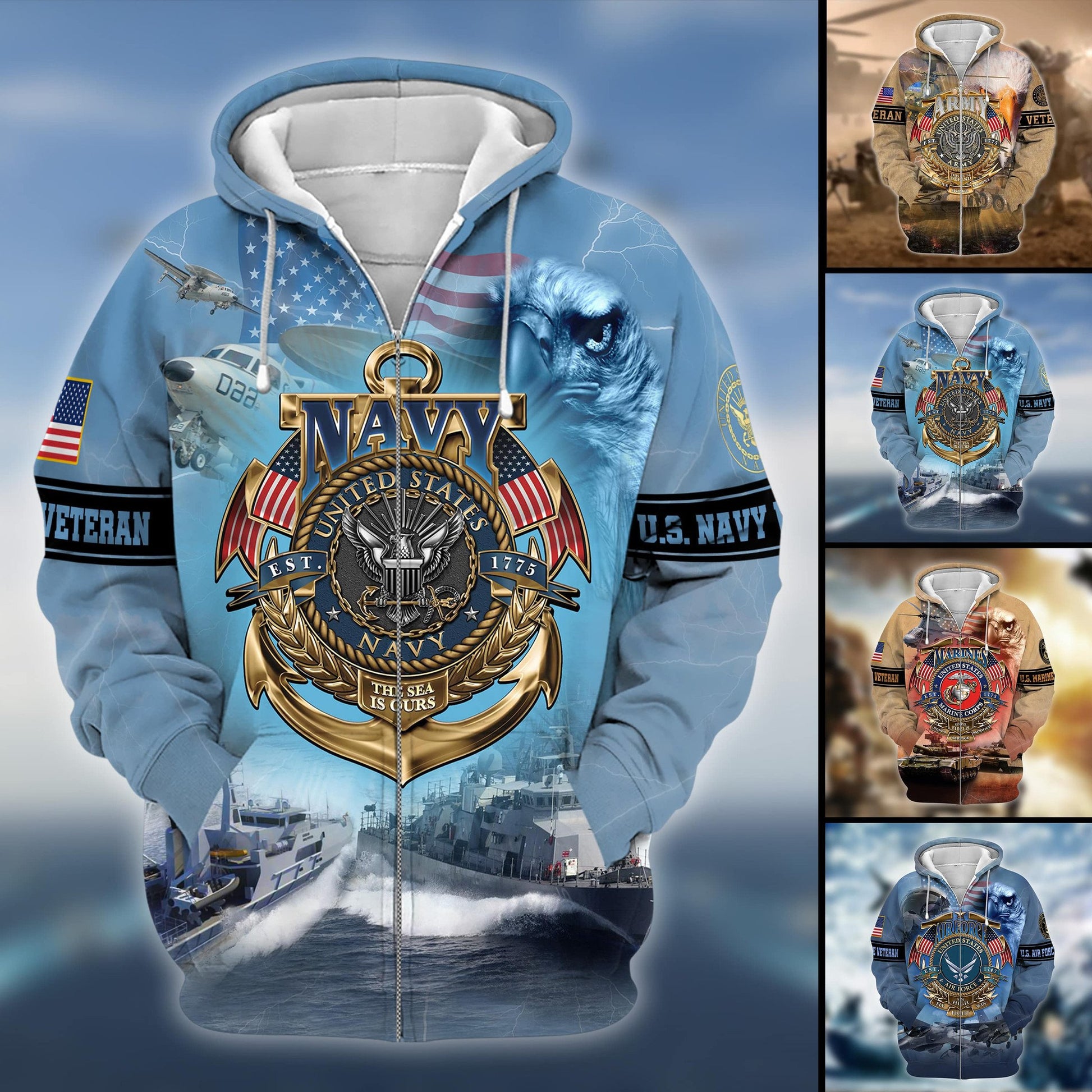 Premium Multiple US Military Services Veteran Zip Hoodie PVC231103