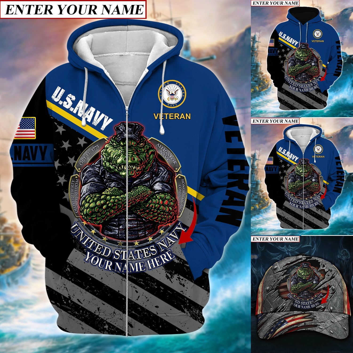 Personalized Unique Navy Amphibious Alligator Zip Hoodie & Cap Collection TVN021201