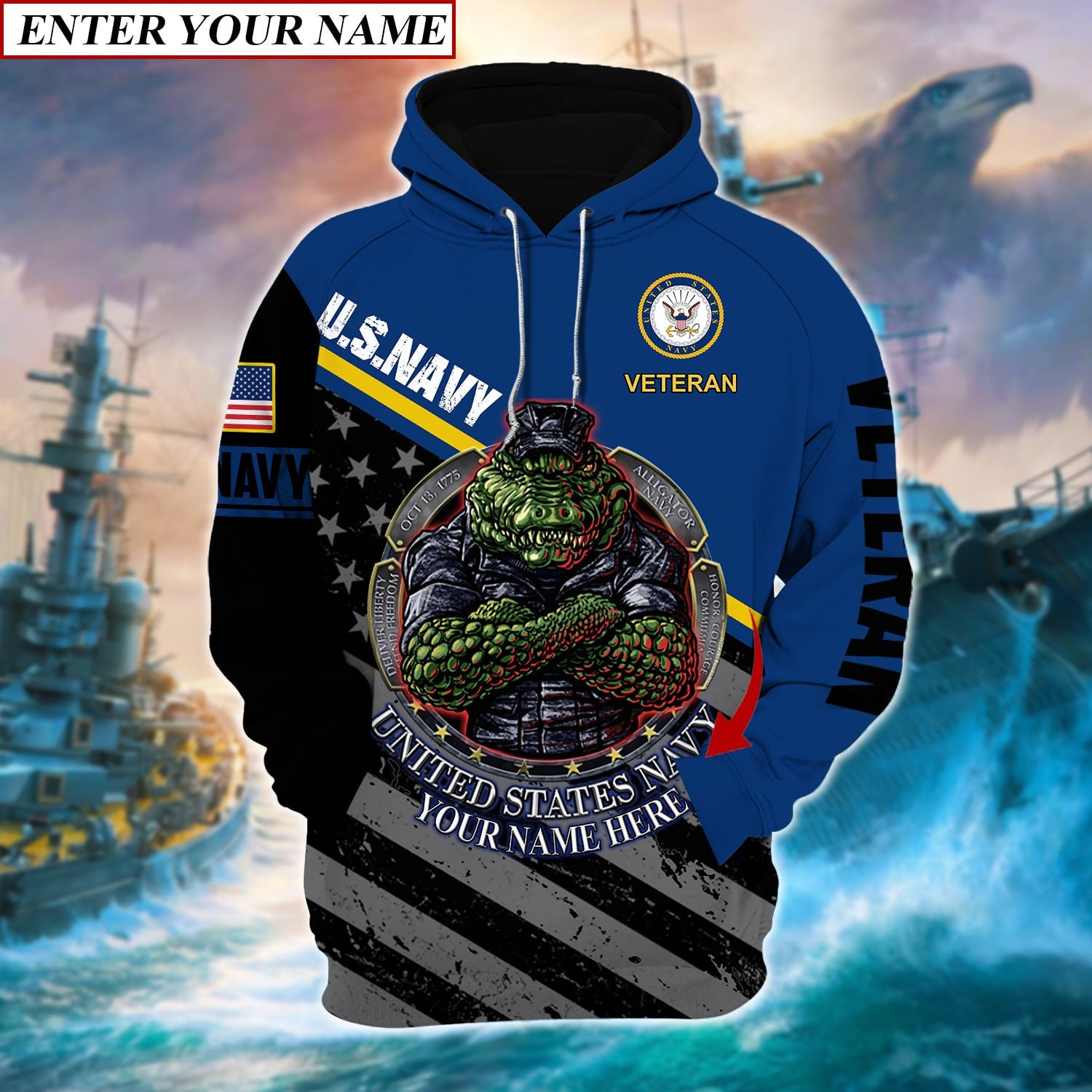 Personalized Unique Navy Amphibious Alligator Zip Hoodie & Cap Collection TVN021201
