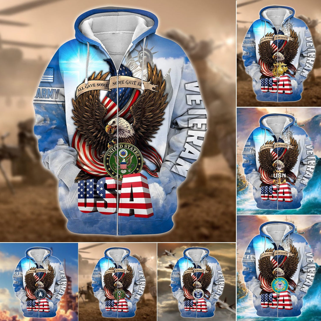 Premium Multiple US Military Services Veteran Zip Hoodie PVC091203