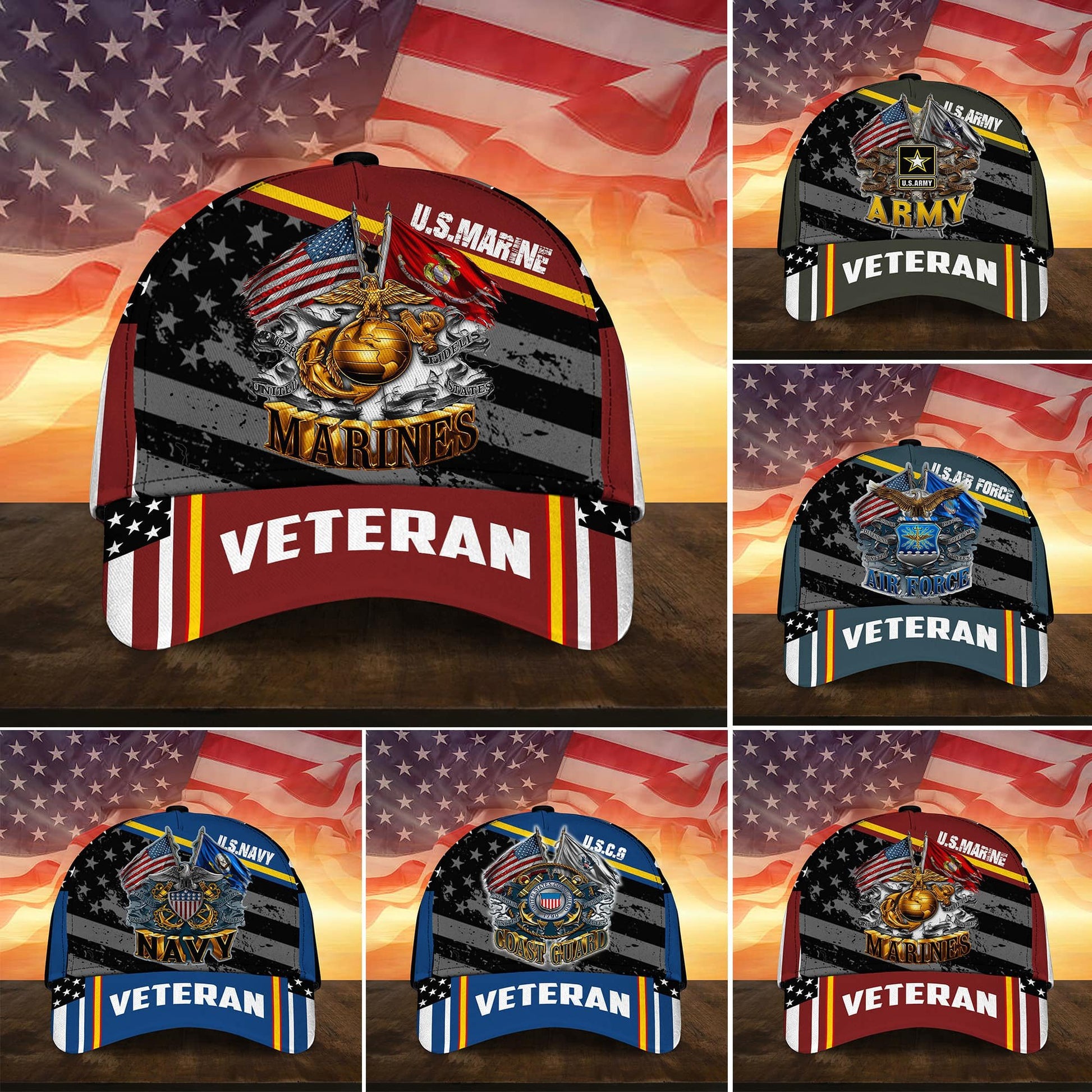 Premium Multiple US Military Services Veteran 3D Cap PVC241203