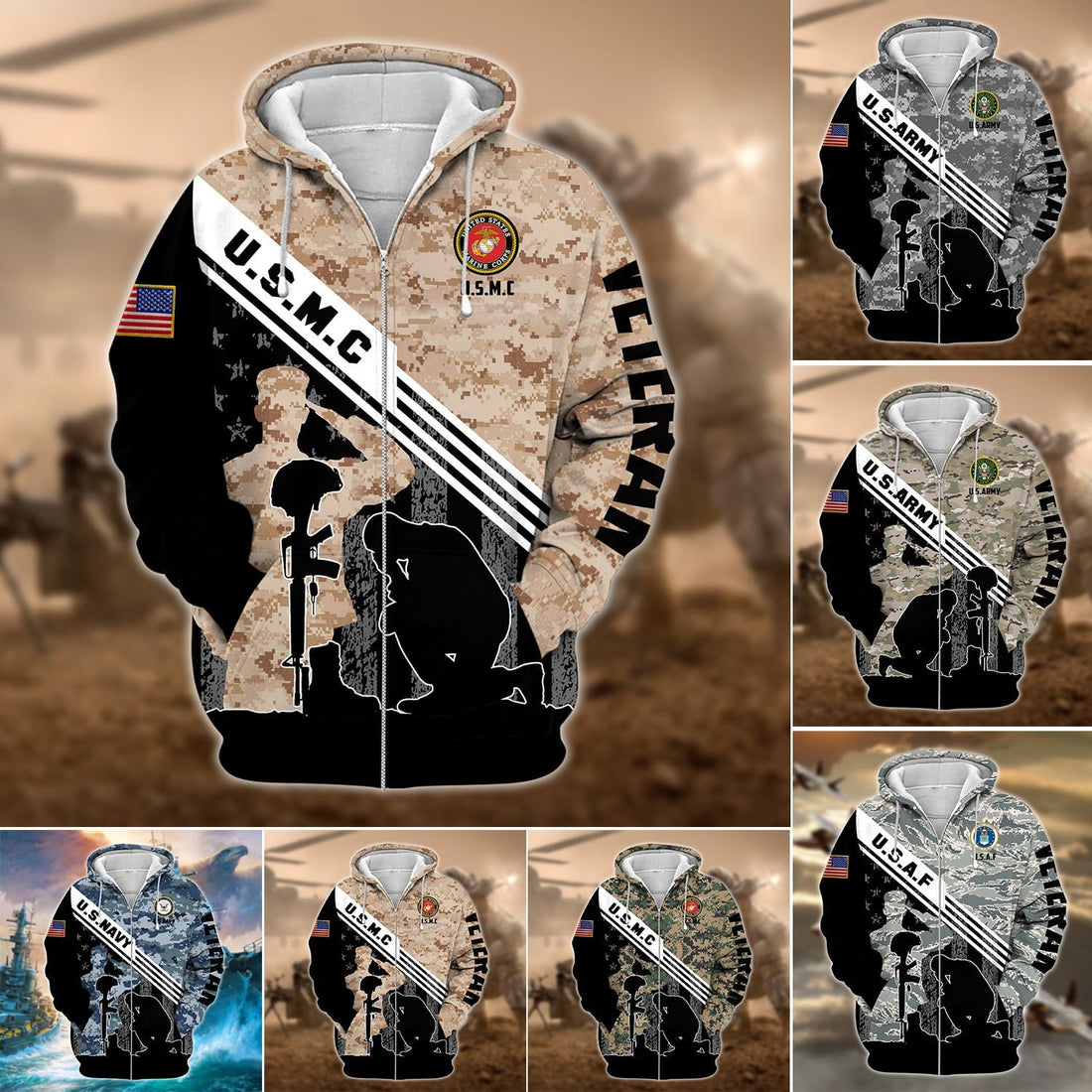 Premium Multiple US Military Services Veteran Zip Hoodie PVC231204