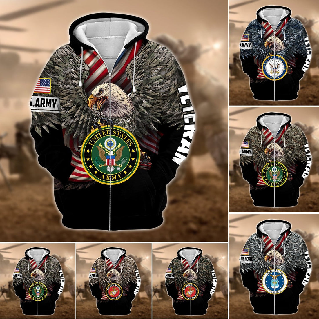 Premium Multiple US Military Services Veteran Zip Hoodie PVC221203