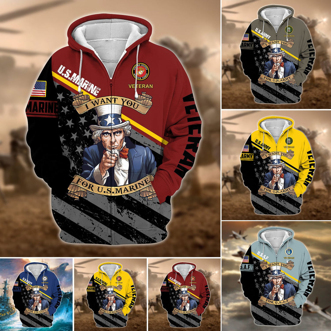 Premium Multiple US Military Services Veteran Zip Hoodie PVC271203