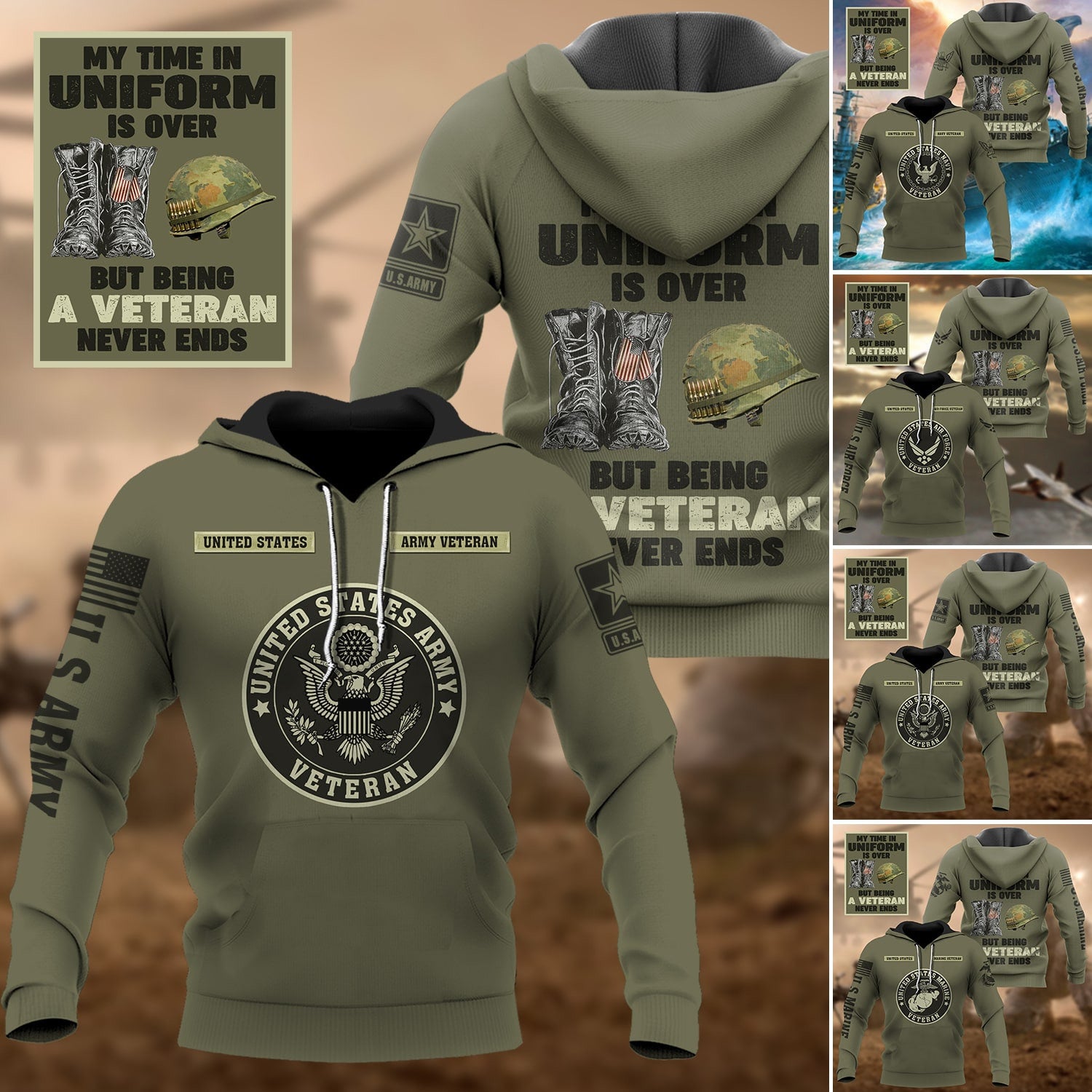 Premium Multiple US Military Services Veteran Hoodie PVC040101