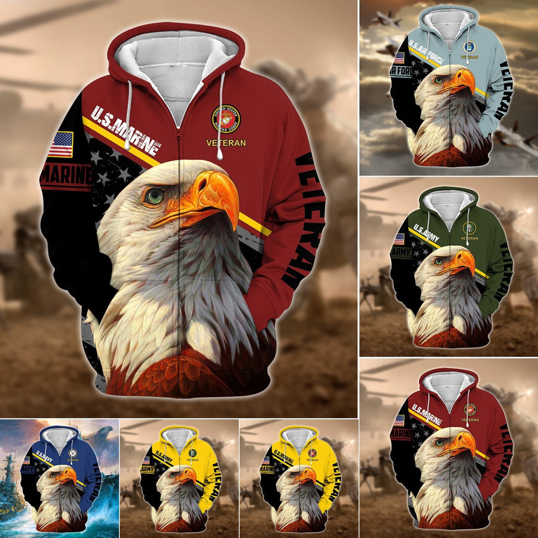 Premium Multiple US Military Services Veteran Zip Hoodie PVC070102