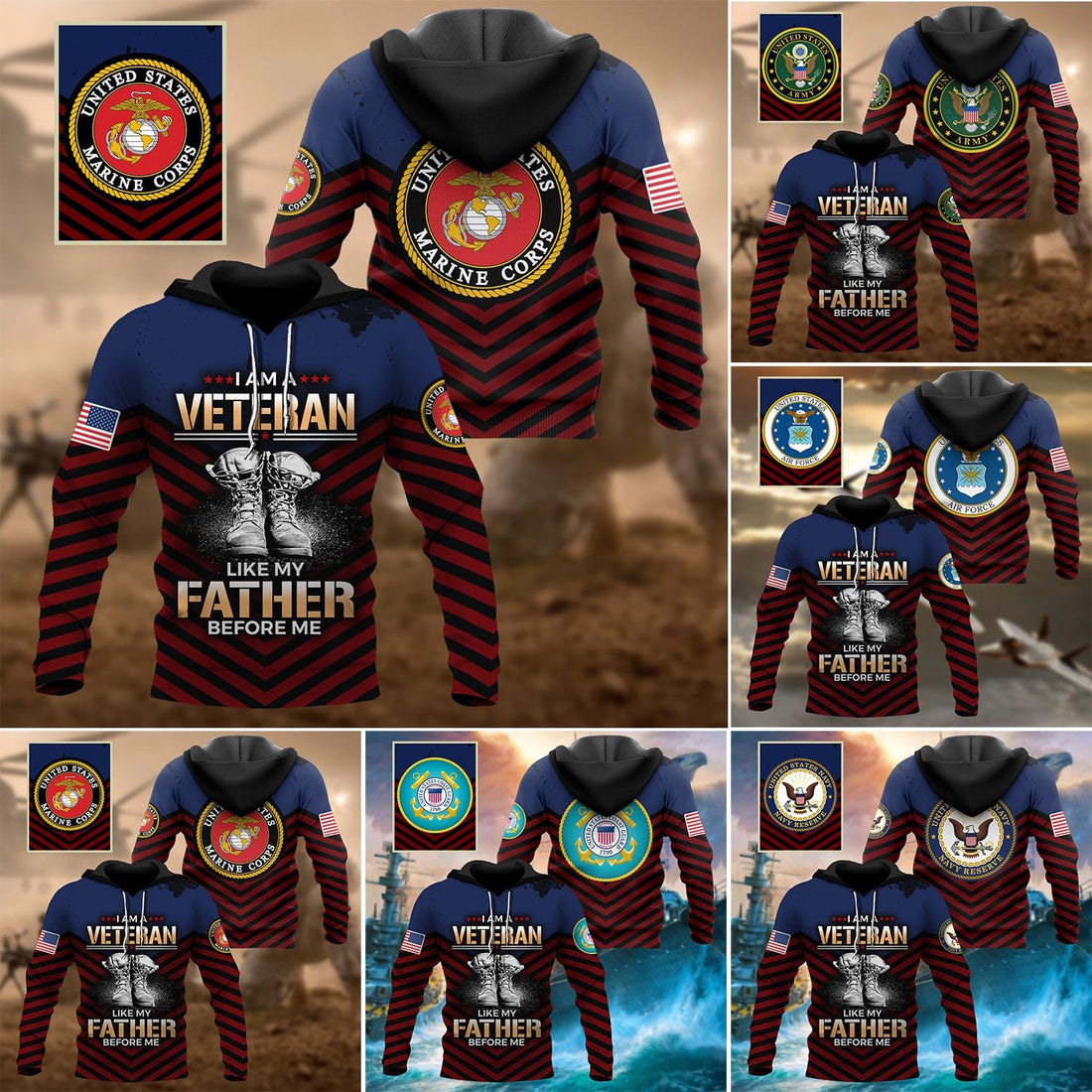 Premium Multiple US Military Services Veteran Hoodie PVC080101