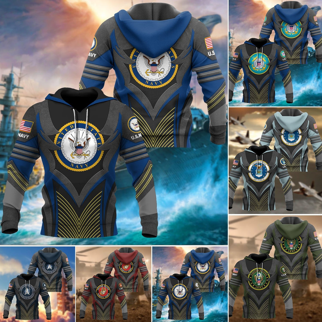 Premium Multiple US Military Services Veteran Hoodie PVC120101