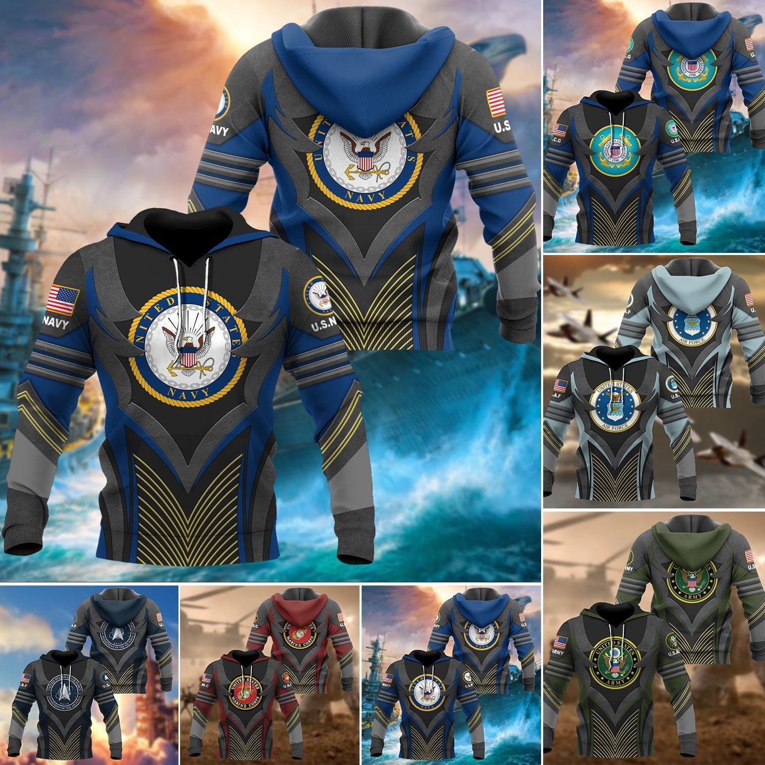 Premium Multiple US Military Services Veteran Hoodie PVC120101