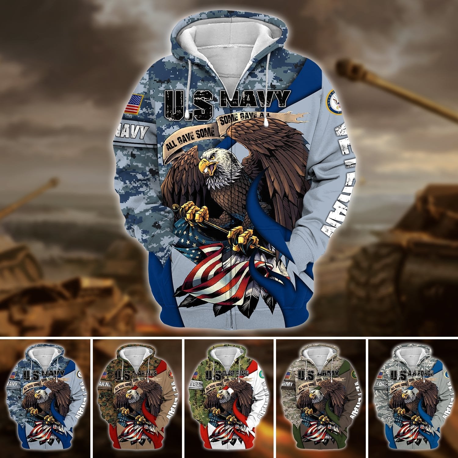 Premium U.S Multiple Service Veteran Zip Hoodie PVC140209