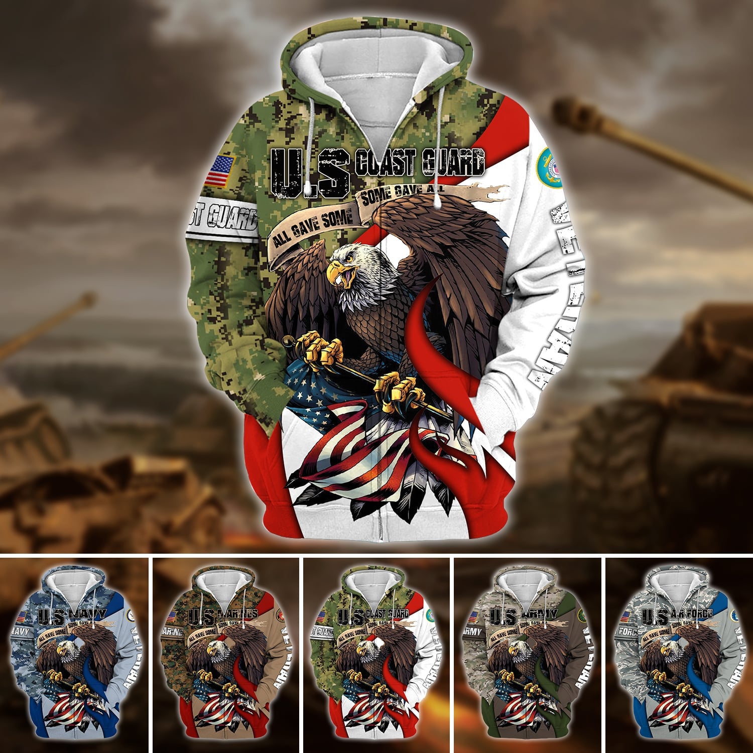 Premium U.S Multiple Service Veteran Zip Hoodie PVC140209