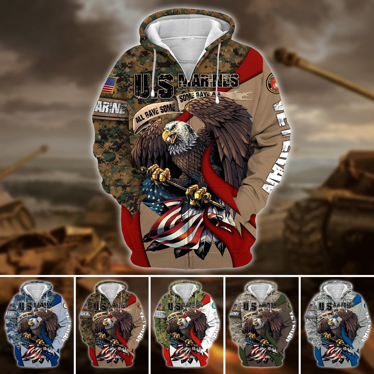 Premium U.S Multiple Service Veteran Zip Hoodie PVC140209