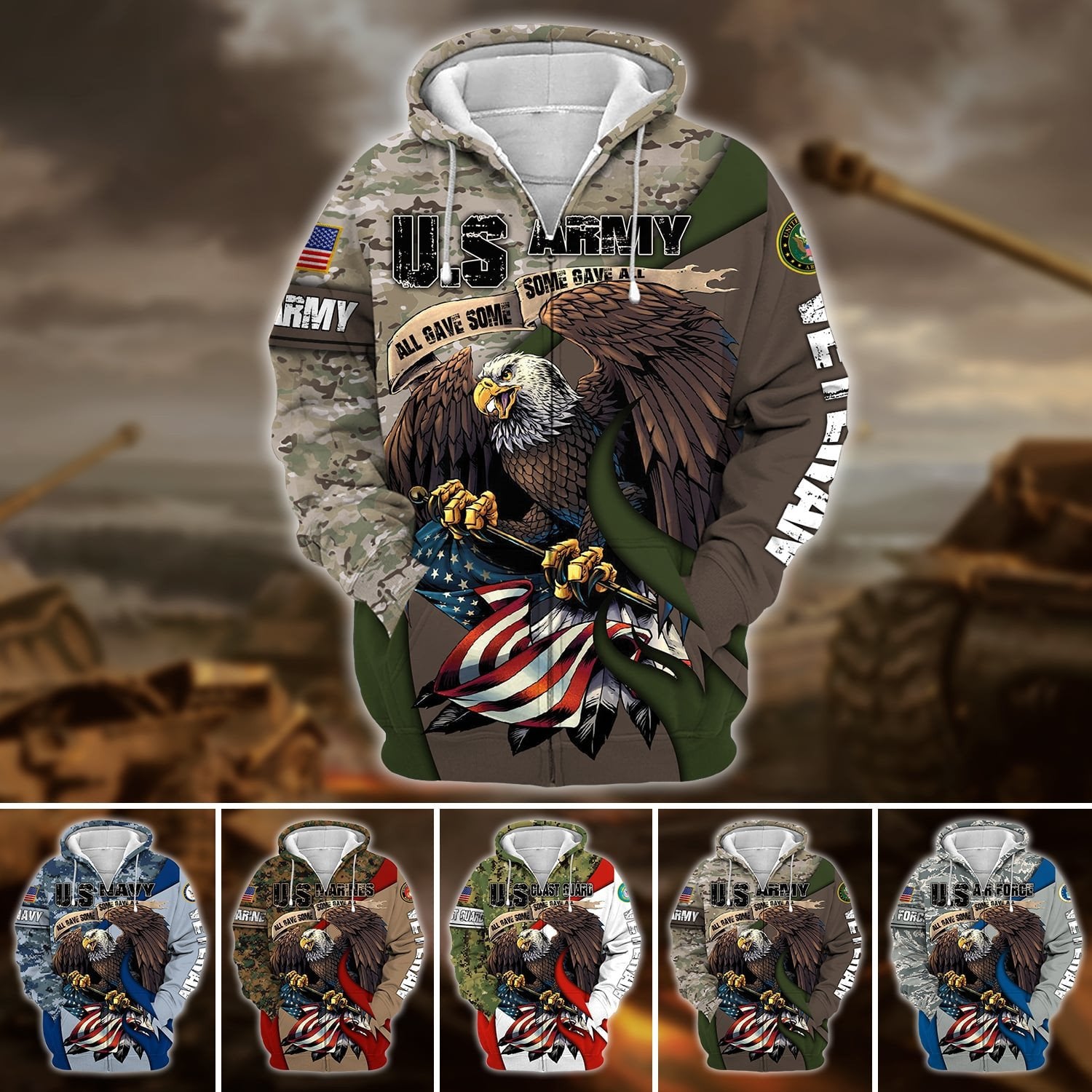 Premium U.S Multiple Service Veteran Zip Hoodie PVC140209