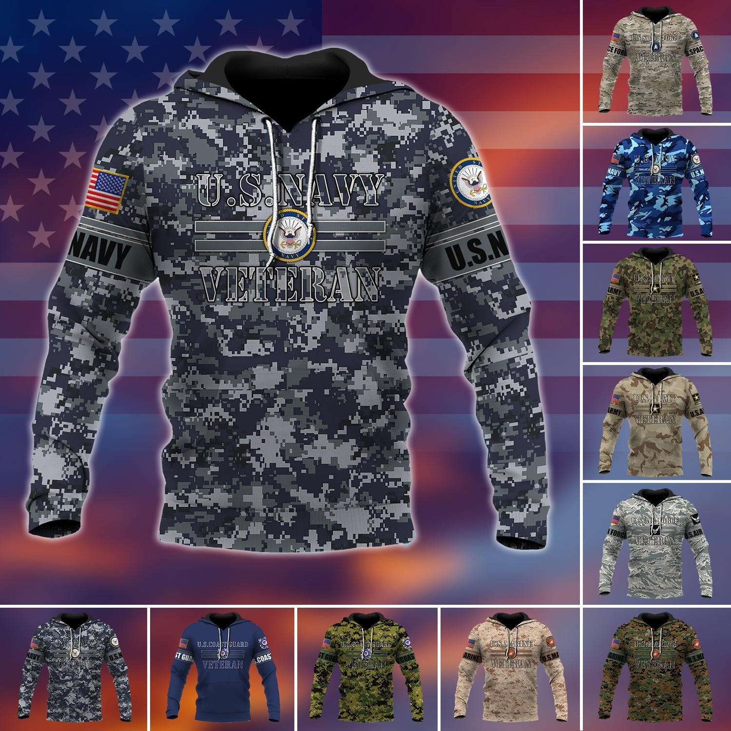 Premium U.S Multiple Service Veteran Hoodie PVC180202