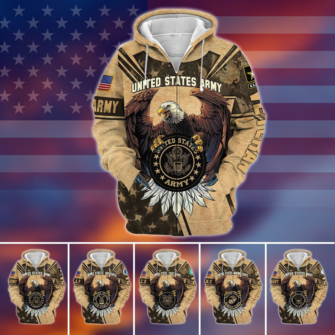 Premium U.S Multiple Service Veteran Zip Hoodie PVC180203