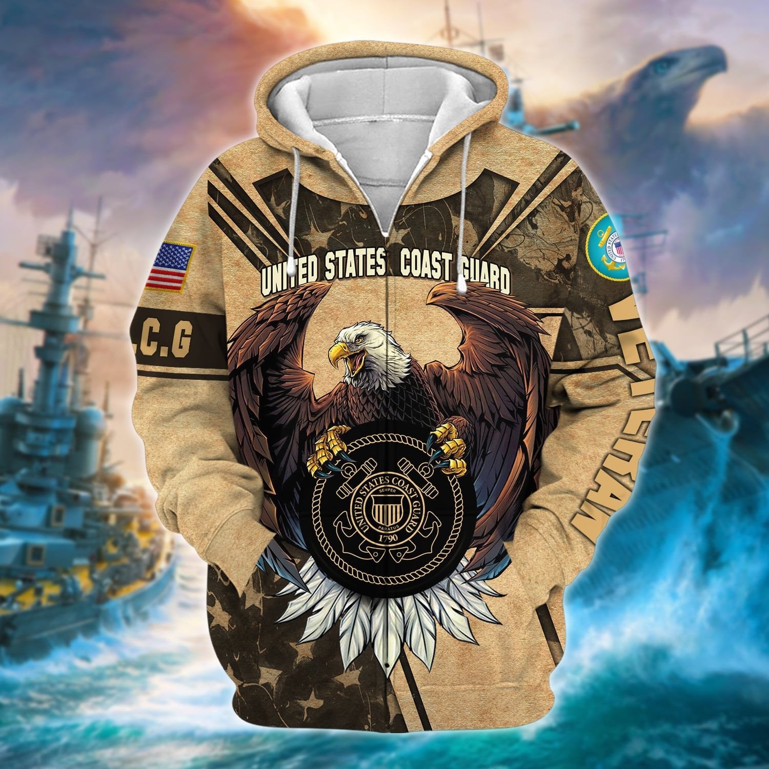 Premium U.S Multiple Service Veteran Zip Hoodie PVC180203