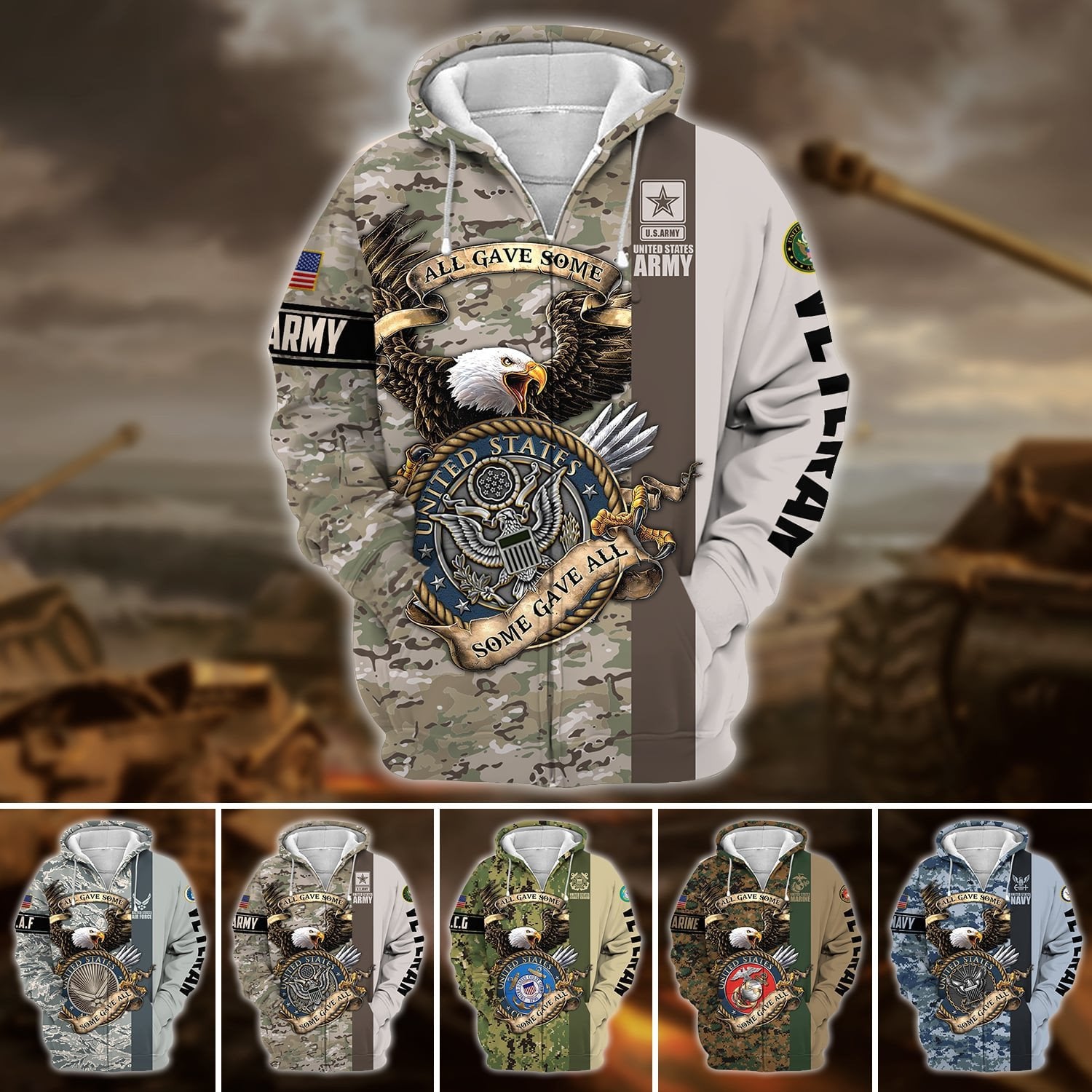 Premium U.S Multiple Service Veteran Zip Hoodie PVC190201