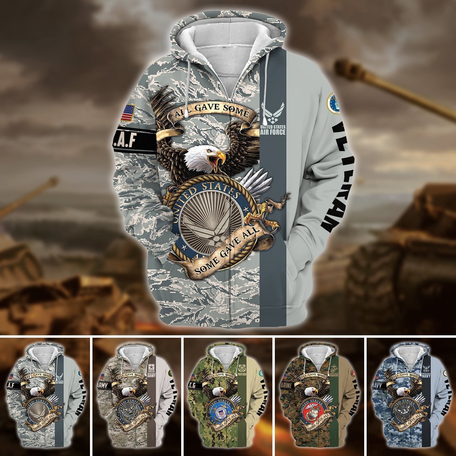 Premium U.S Multiple Service Veteran Zip Hoodie PVC190201