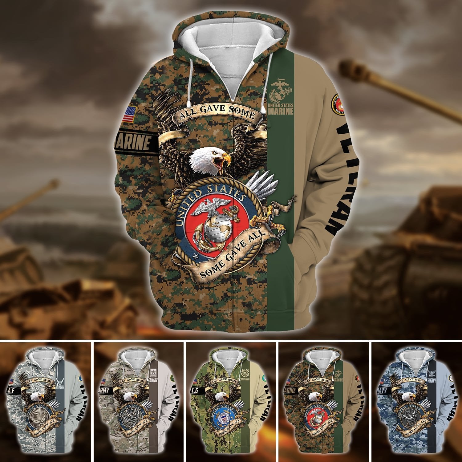 Premium U.S Multiple Service Veteran Zip Hoodie PVC190201