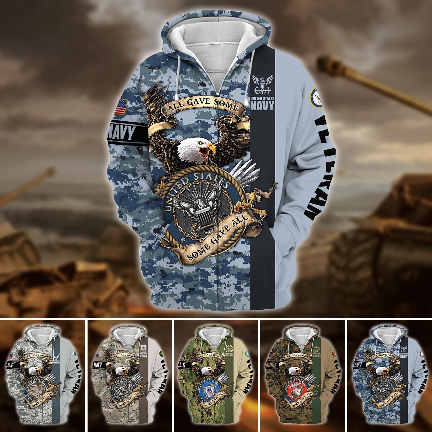 Premium U.S Multiple Service Veteran Zip Hoodie PVC190201