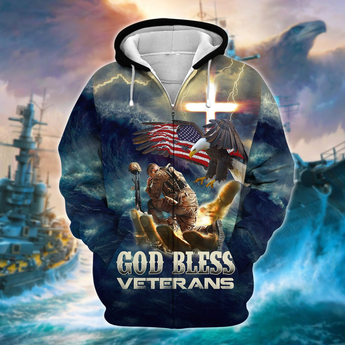 Premium God Bless Veterans Zip Hoodie PVC190203