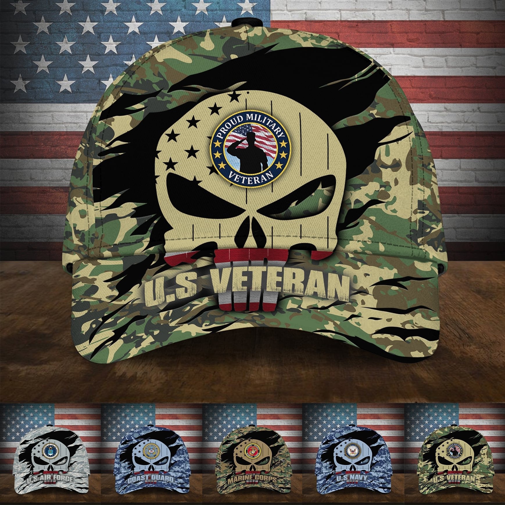 Colorful Puniskull Multiservice U.S Veteran Cap MH100607