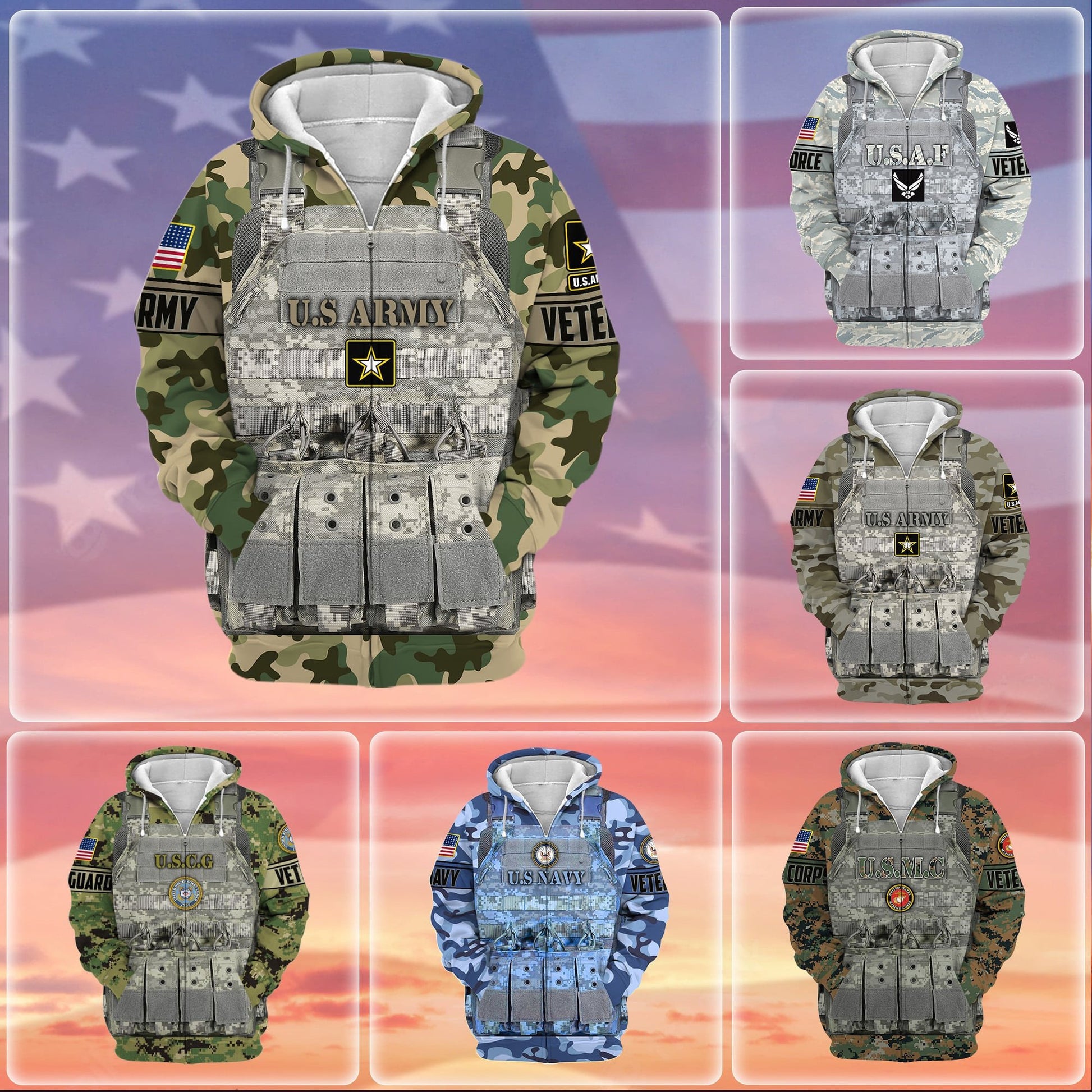 Unique Camo Soldiers Multiservice US Veteran Zip Hoodie NPVC240801