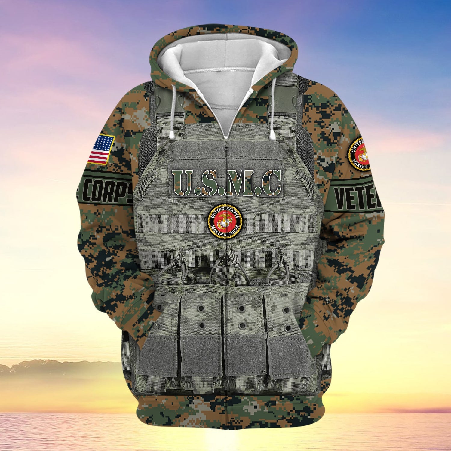 Unique Camo Soldiers Multiservice US Veteran Zip Hoodie NPVC240801