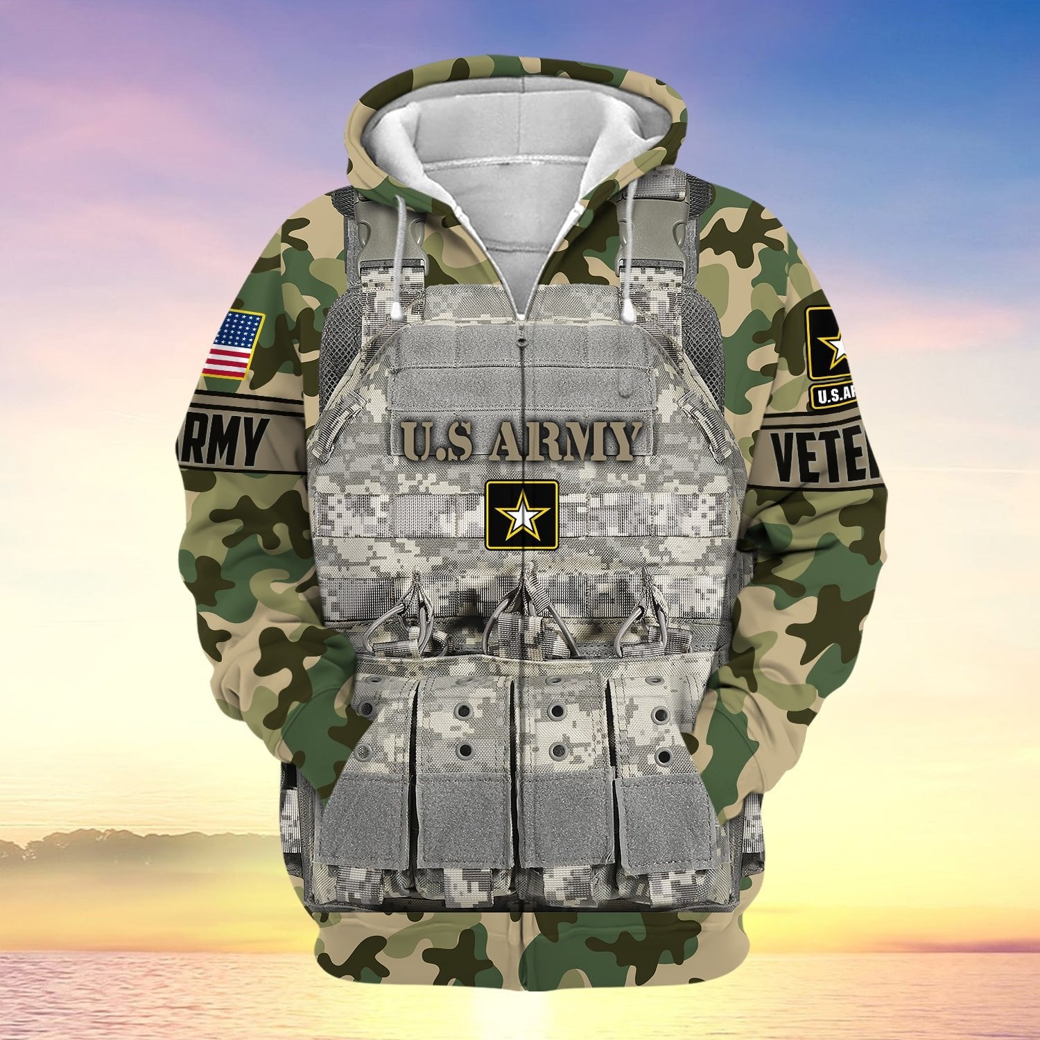 Unique Camo Soldiers Multiservice US Veteran Zip Hoodie NPVC240801
