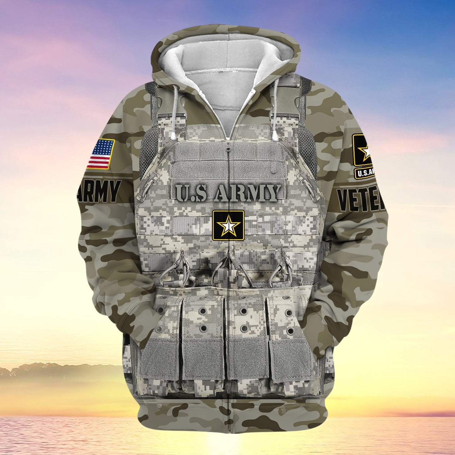 Unique Camo Soldiers Multiservice US Veteran Zip Hoodie NPVC240801