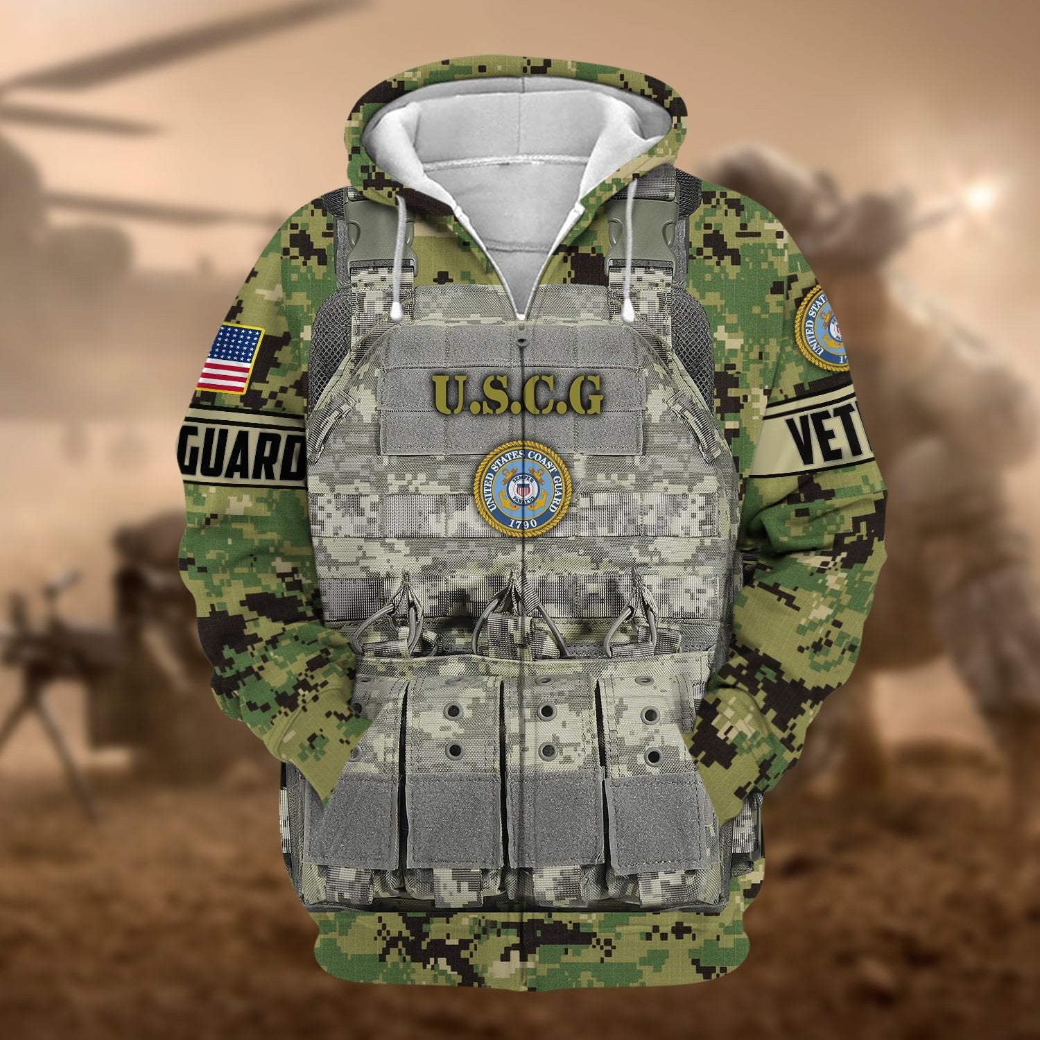 Unique Camo Soldiers Multiservice US Veteran Zip Hoodie NPVC240801