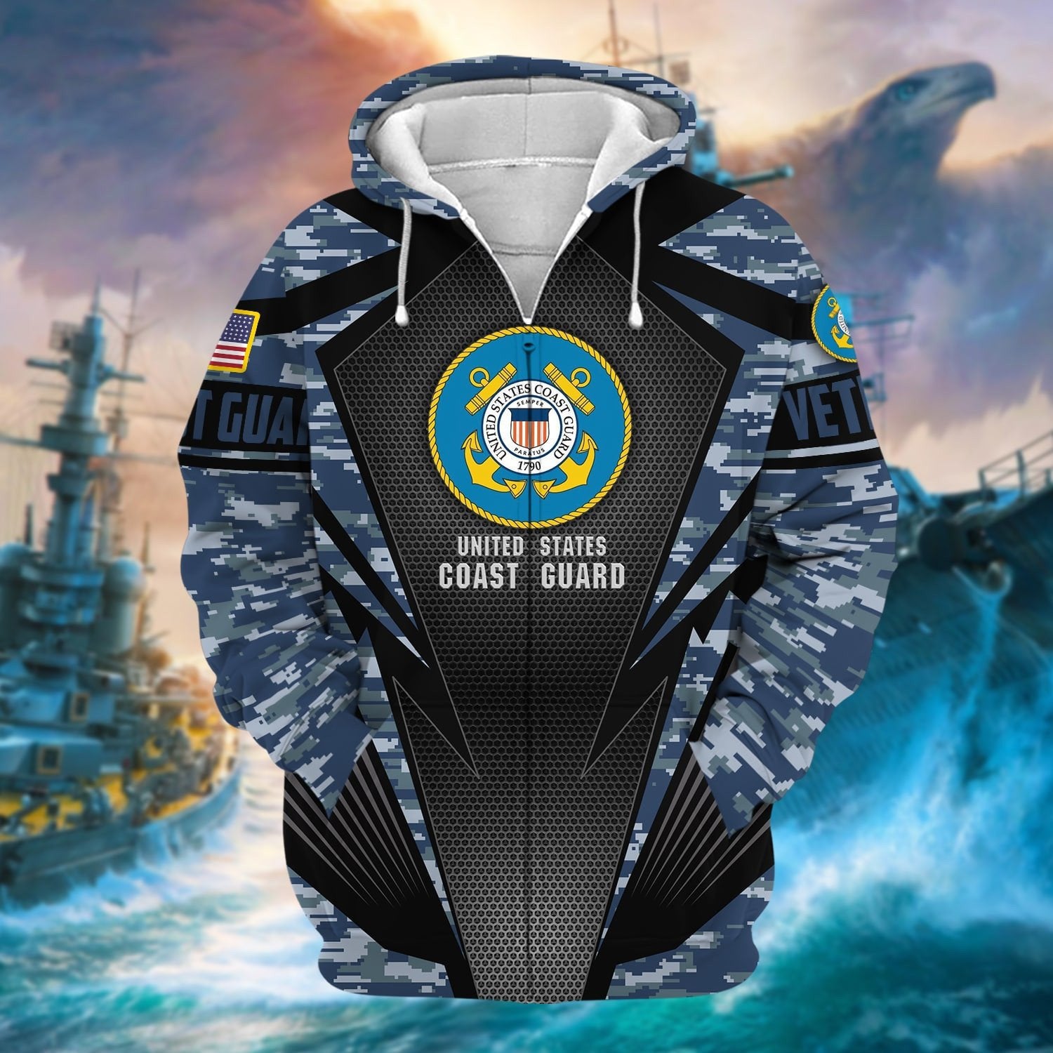 Unique Camo Soldiers Multiservice US Veteran Zip Hoodie NPVC130902