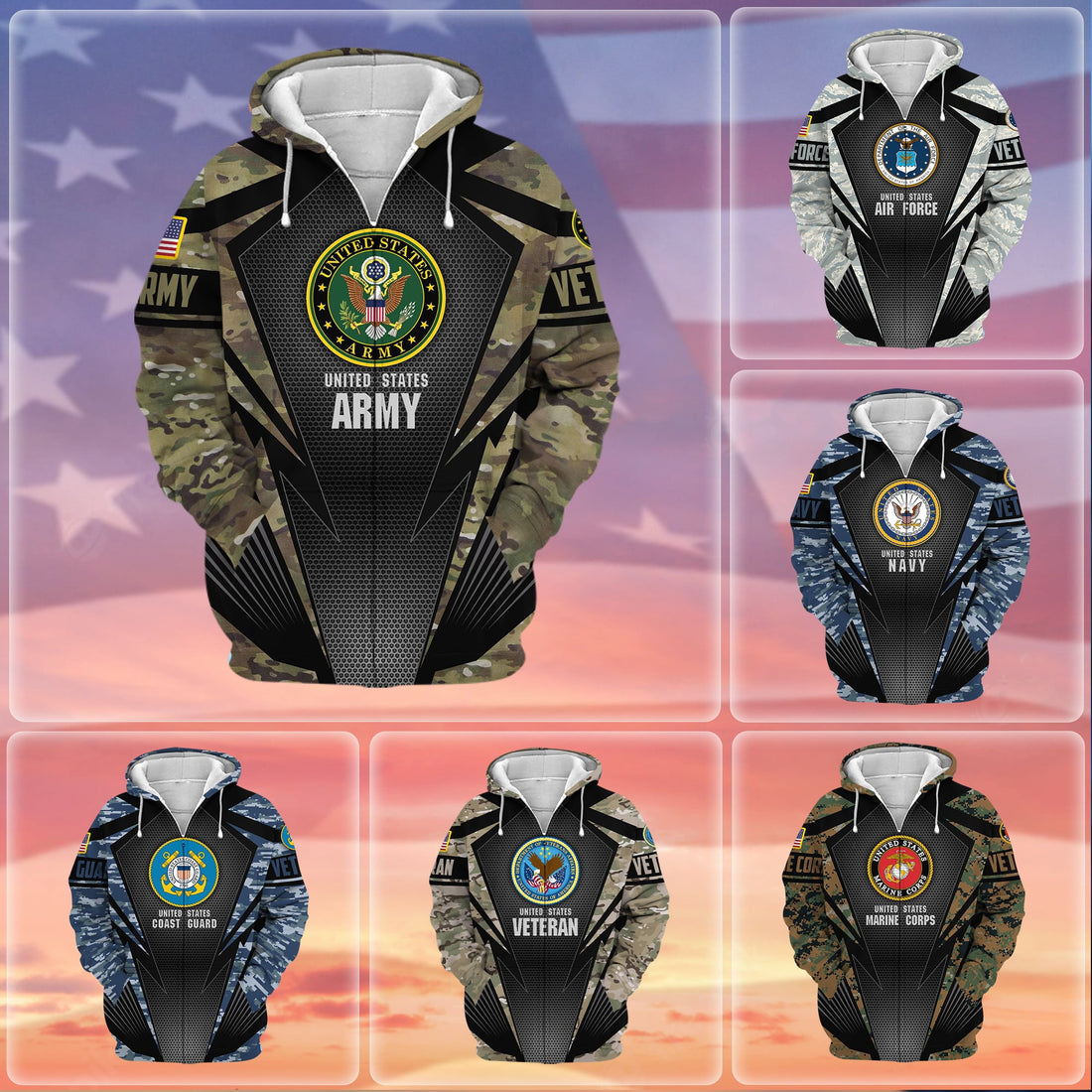 Unique Camo Soldiers Multiservice US Veteran Zip Hoodie NPVC130902