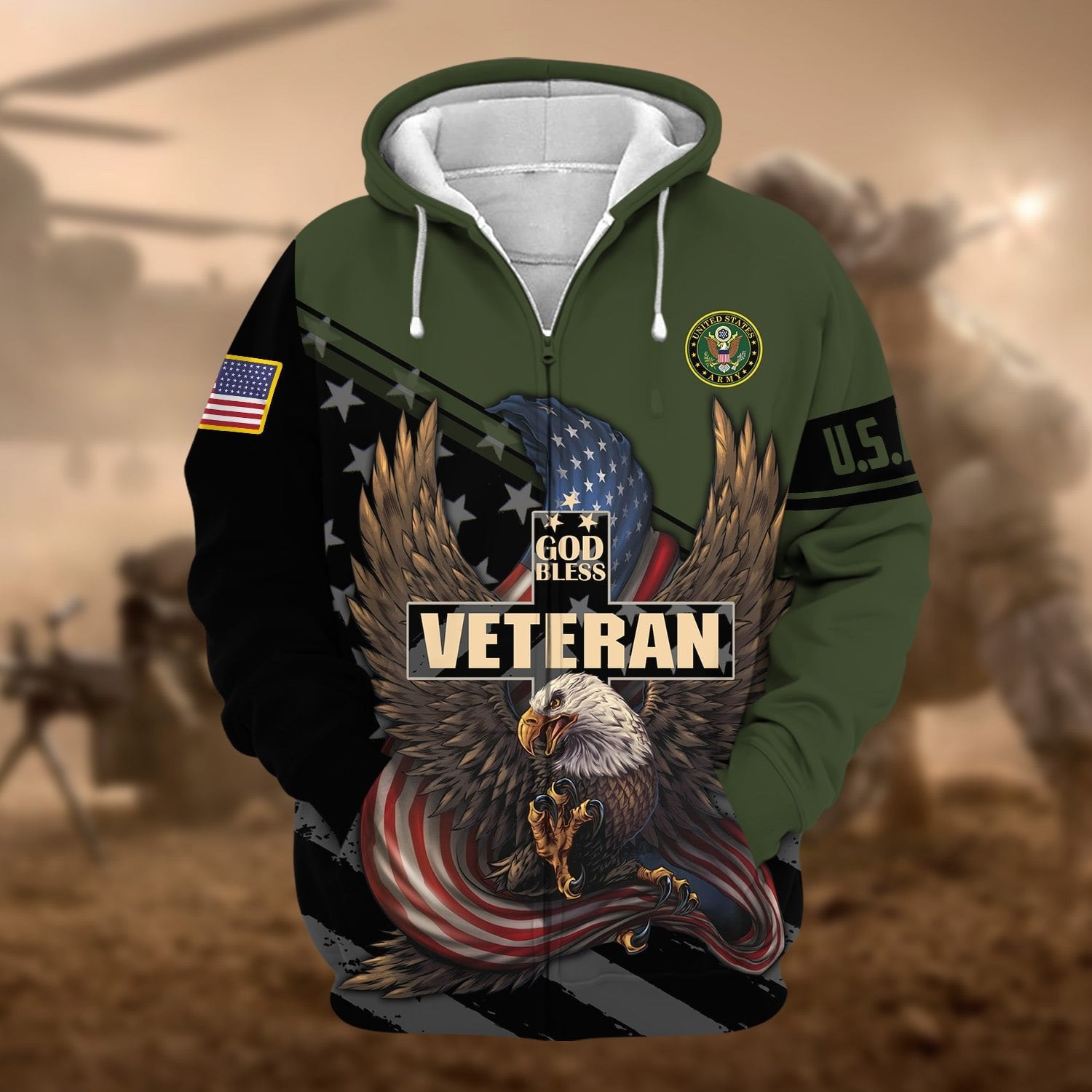 Premium God Bless US Veteran Zip Hoodie NPVC050902