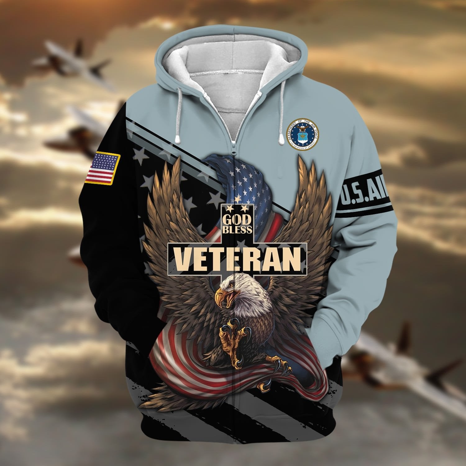 Premium God Bless US Veteran Zip Hoodie NPVC050902