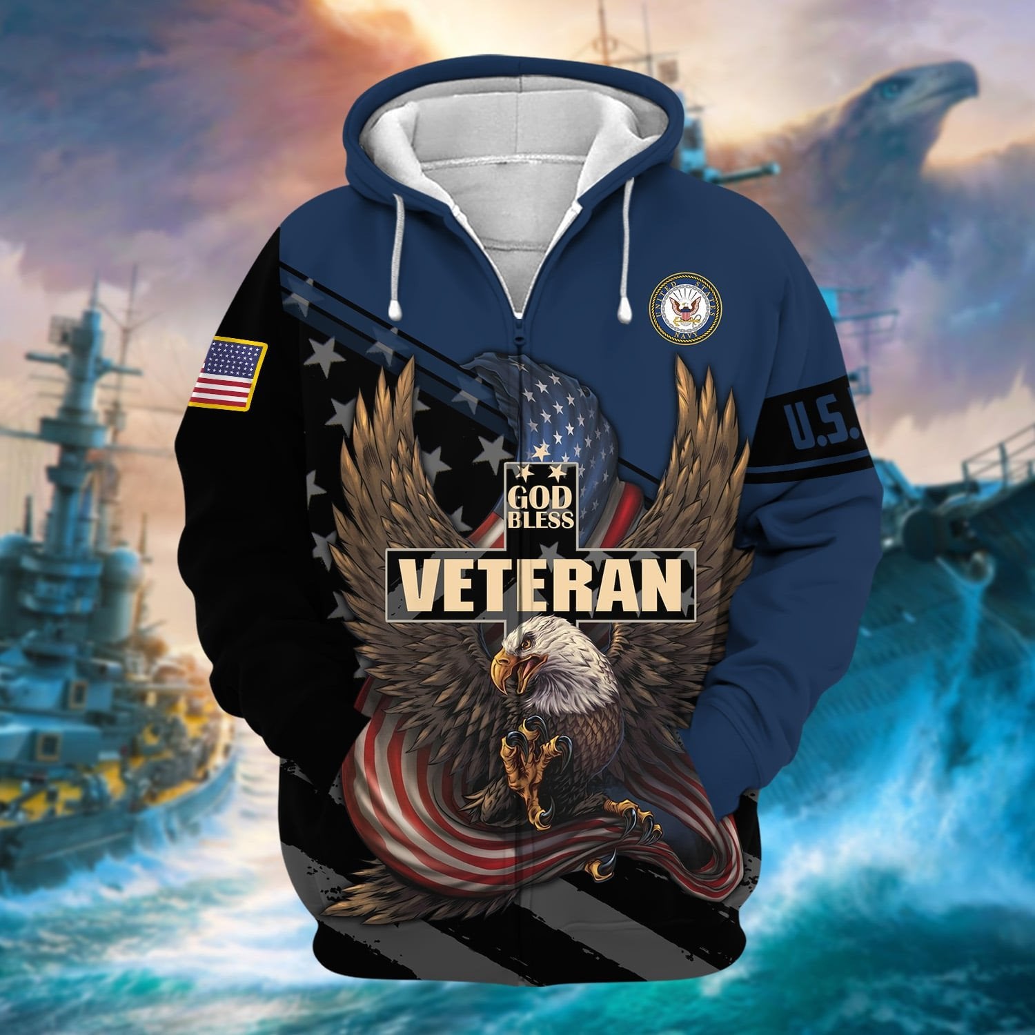 Premium God Bless US Veteran Zip Hoodie NPVC050902