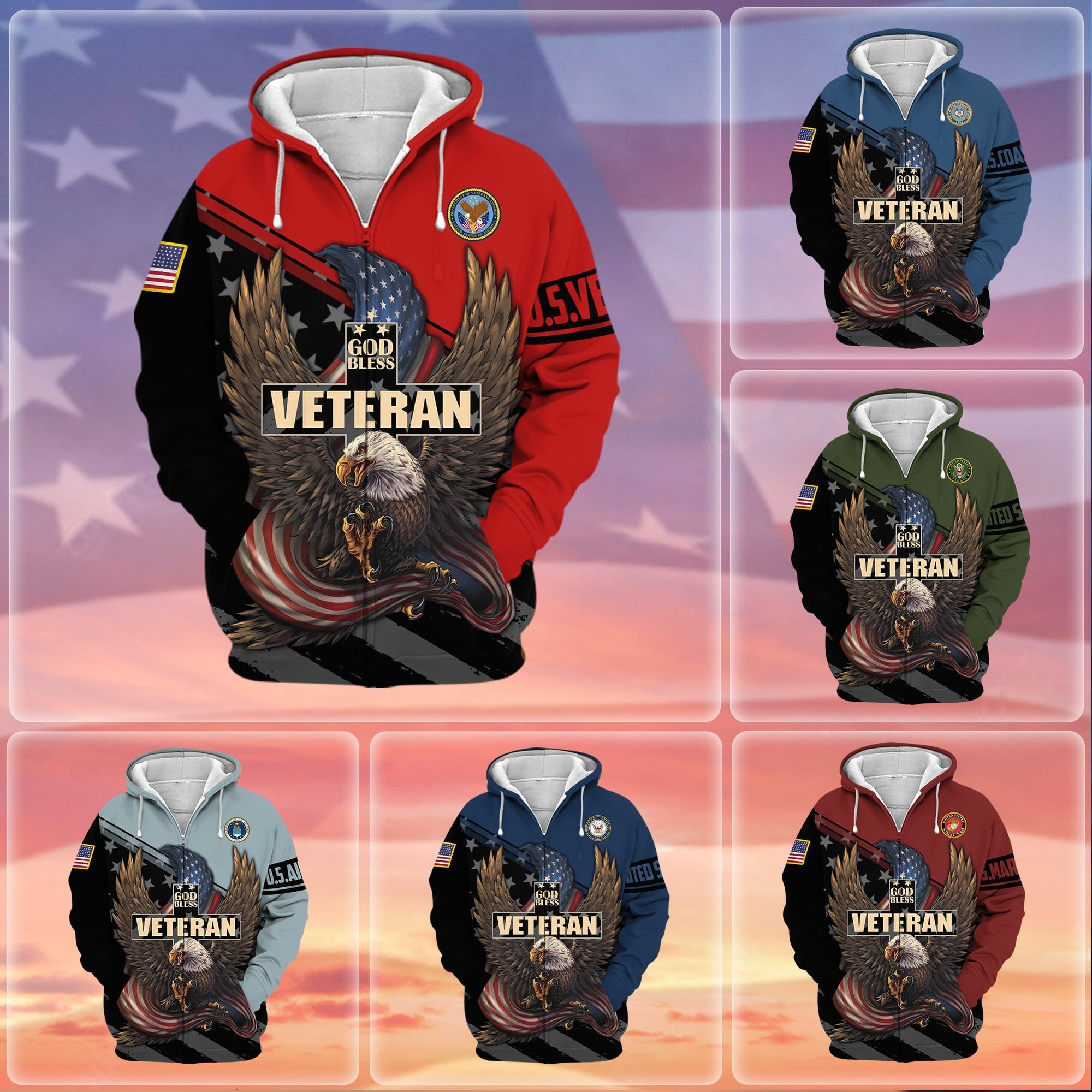 Premium God Bless US Veteran Zip Hoodie NPVC050902