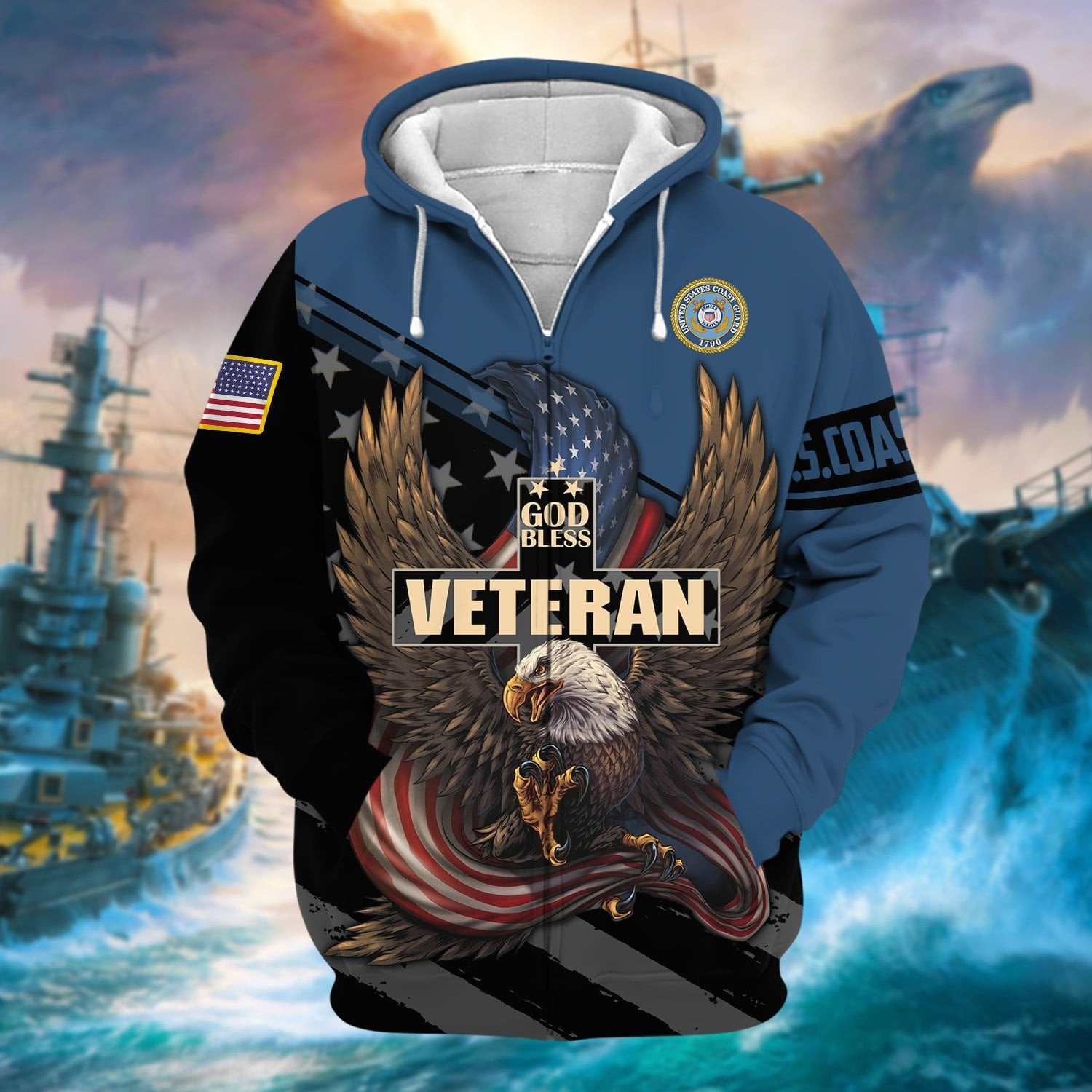 Premium God Bless US Veteran Zip Hoodie NPVC050902