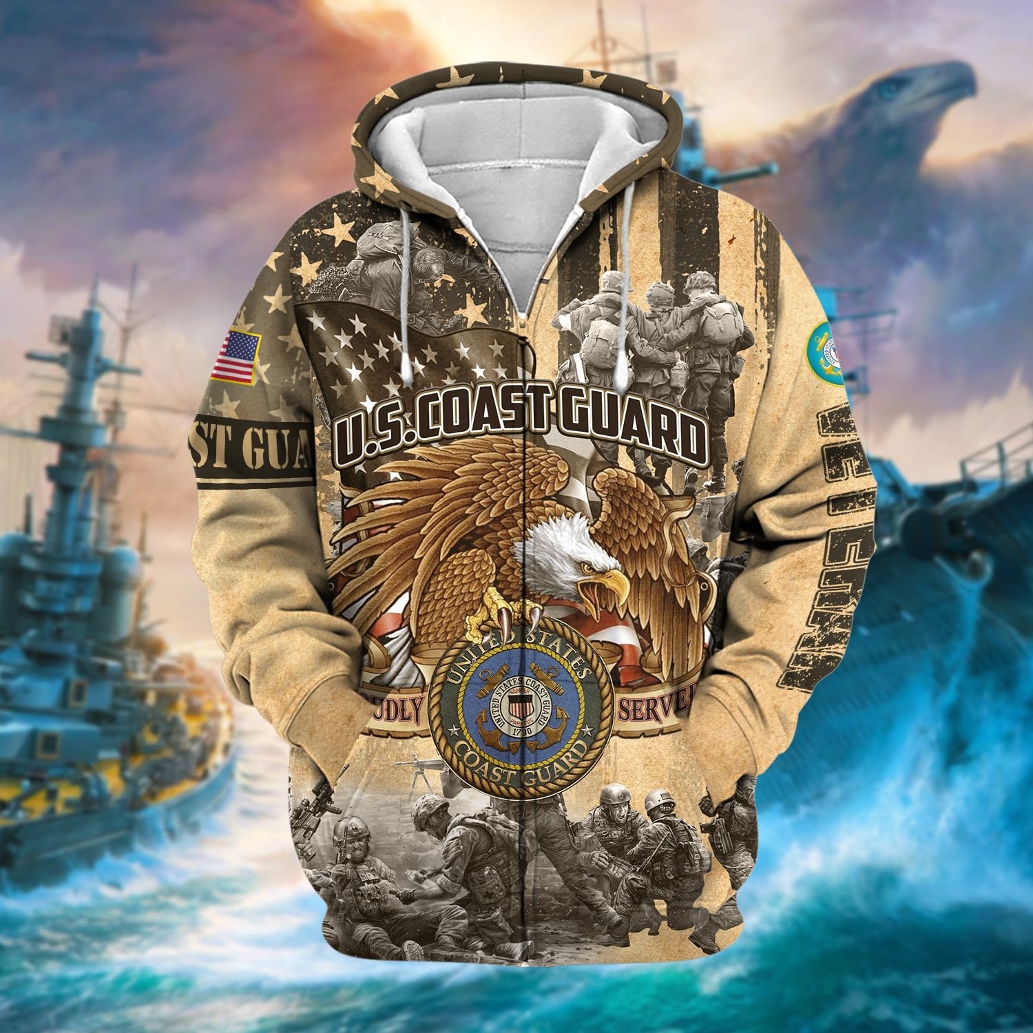 Premium Proudly Served Multiservice US Veteran Zip Hoodie NPVC271002