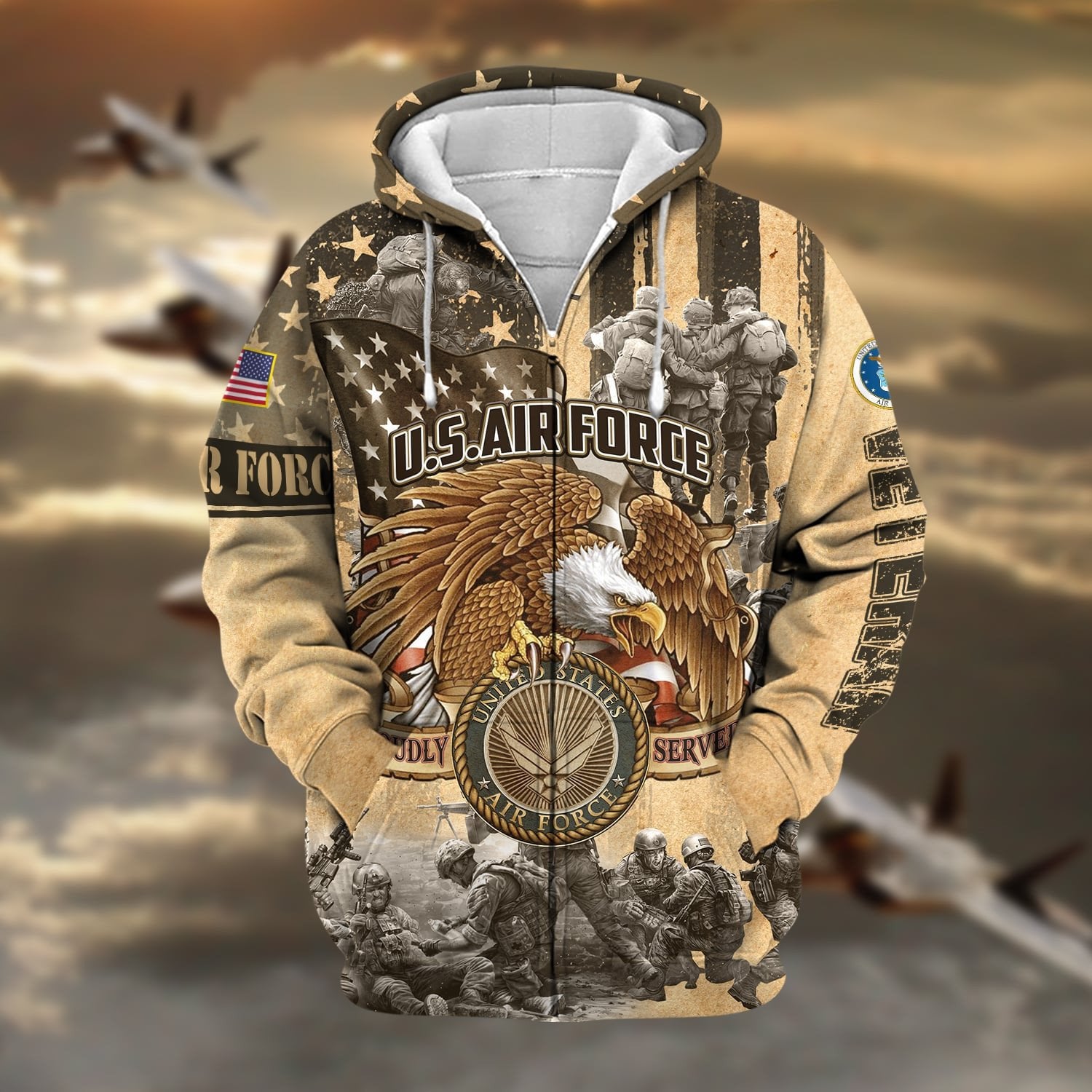 Premium Proudly Served Multiservice US Veteran Zip Hoodie NPVC271002