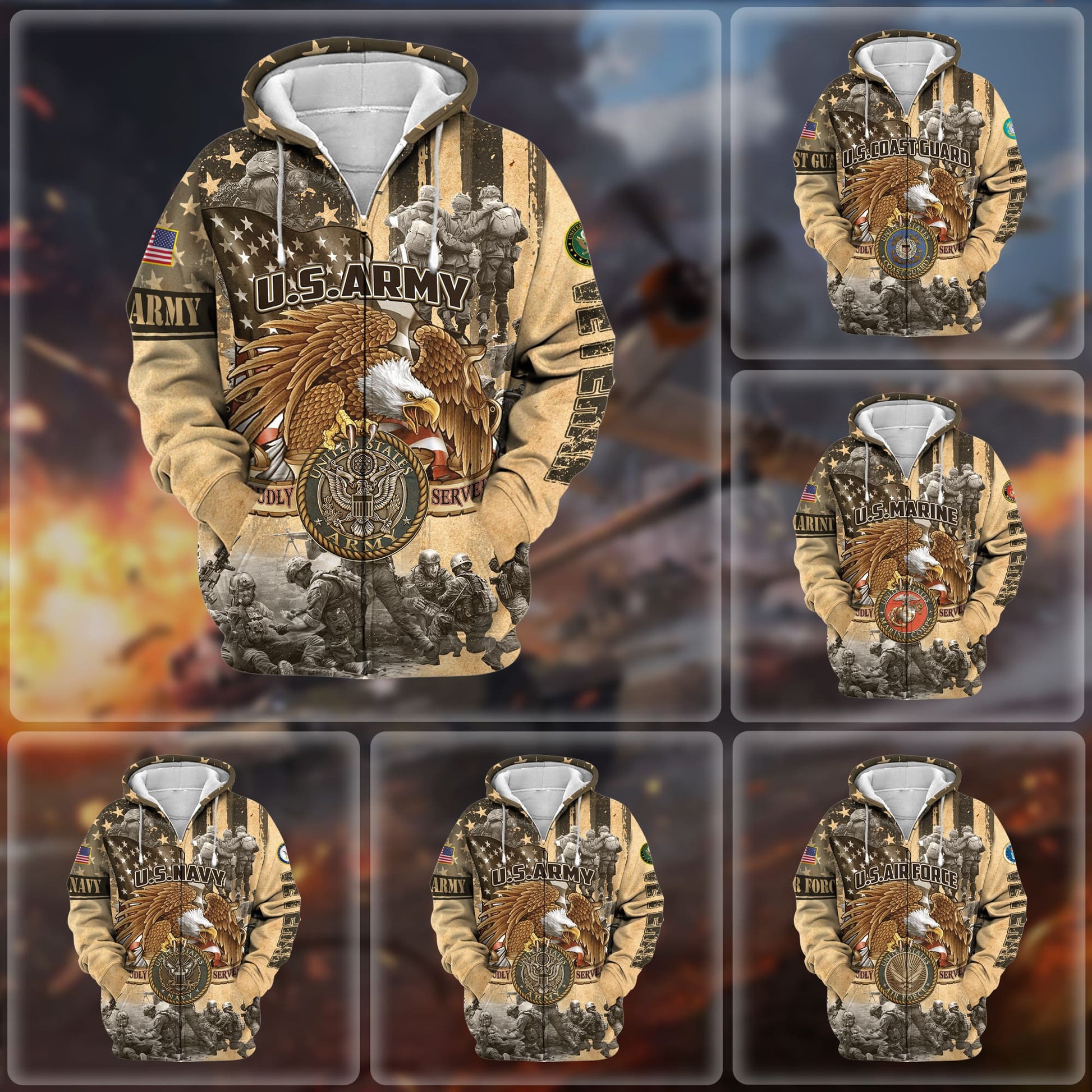 Premium Proudly Served Multiservice US Veteran Zip Hoodie NPVC271002