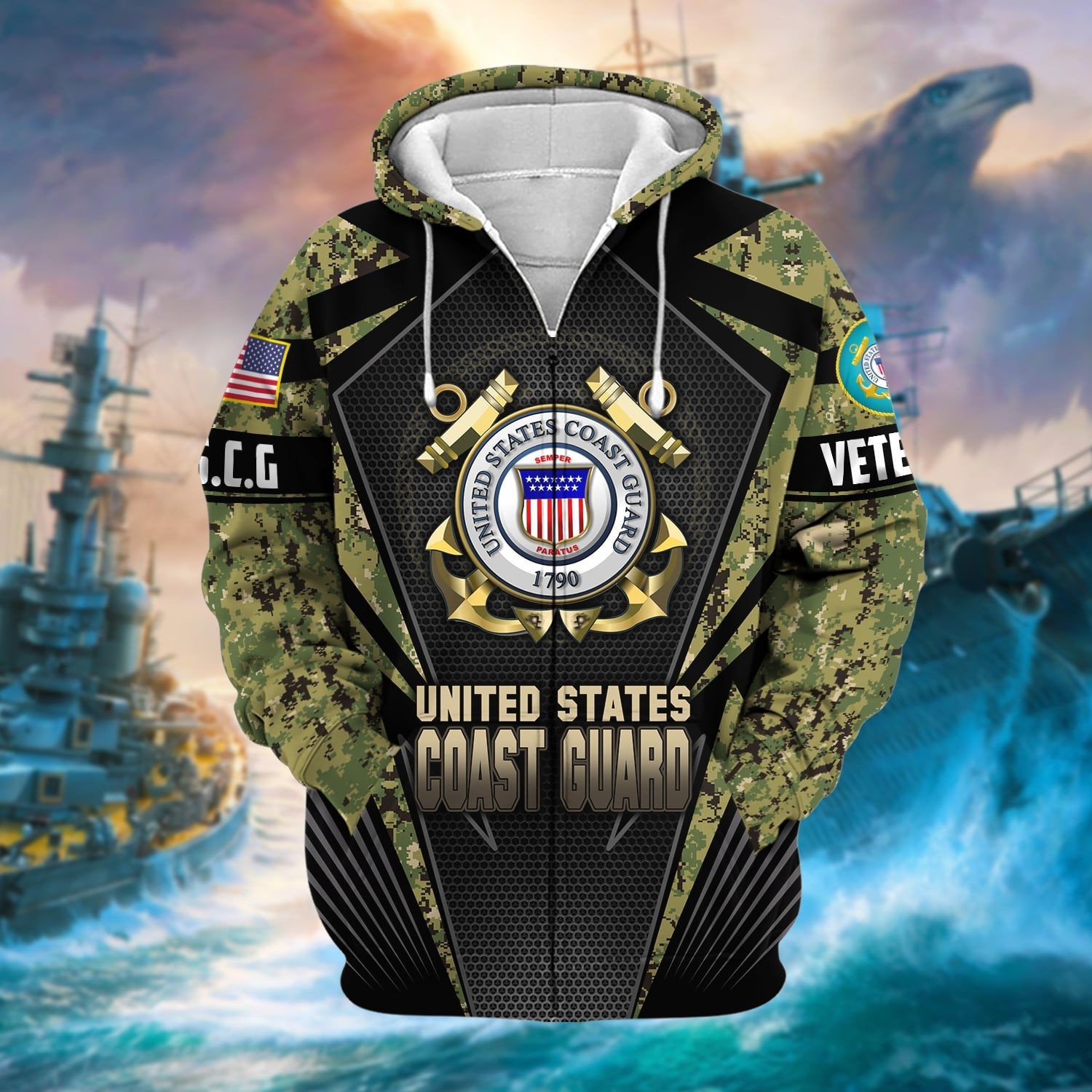 Unique Camo Soldiers US Veteran Zip Hoodie NPVC251110