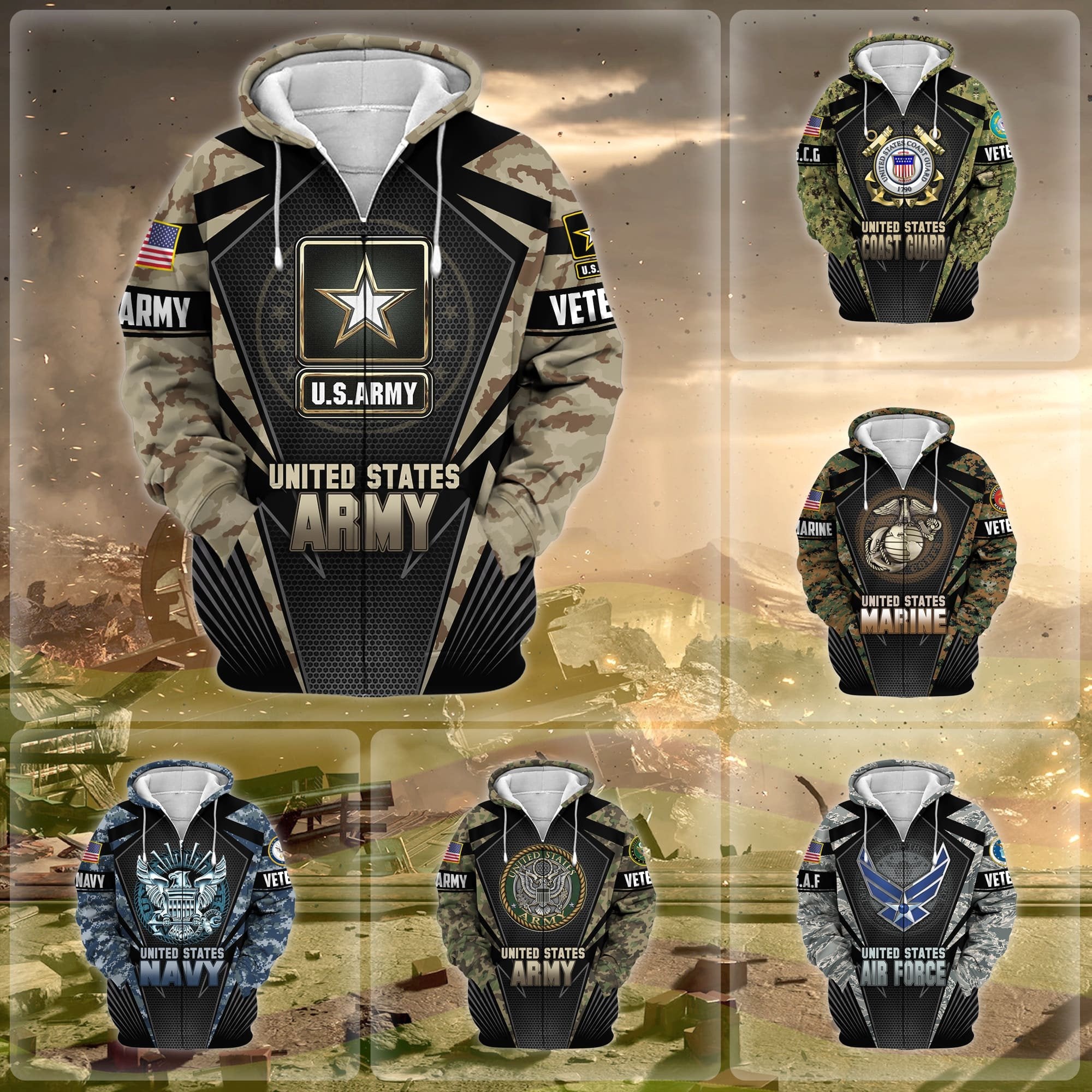 Unique Camo Soldiers US Veteran Zip Hoodie NPVC251110